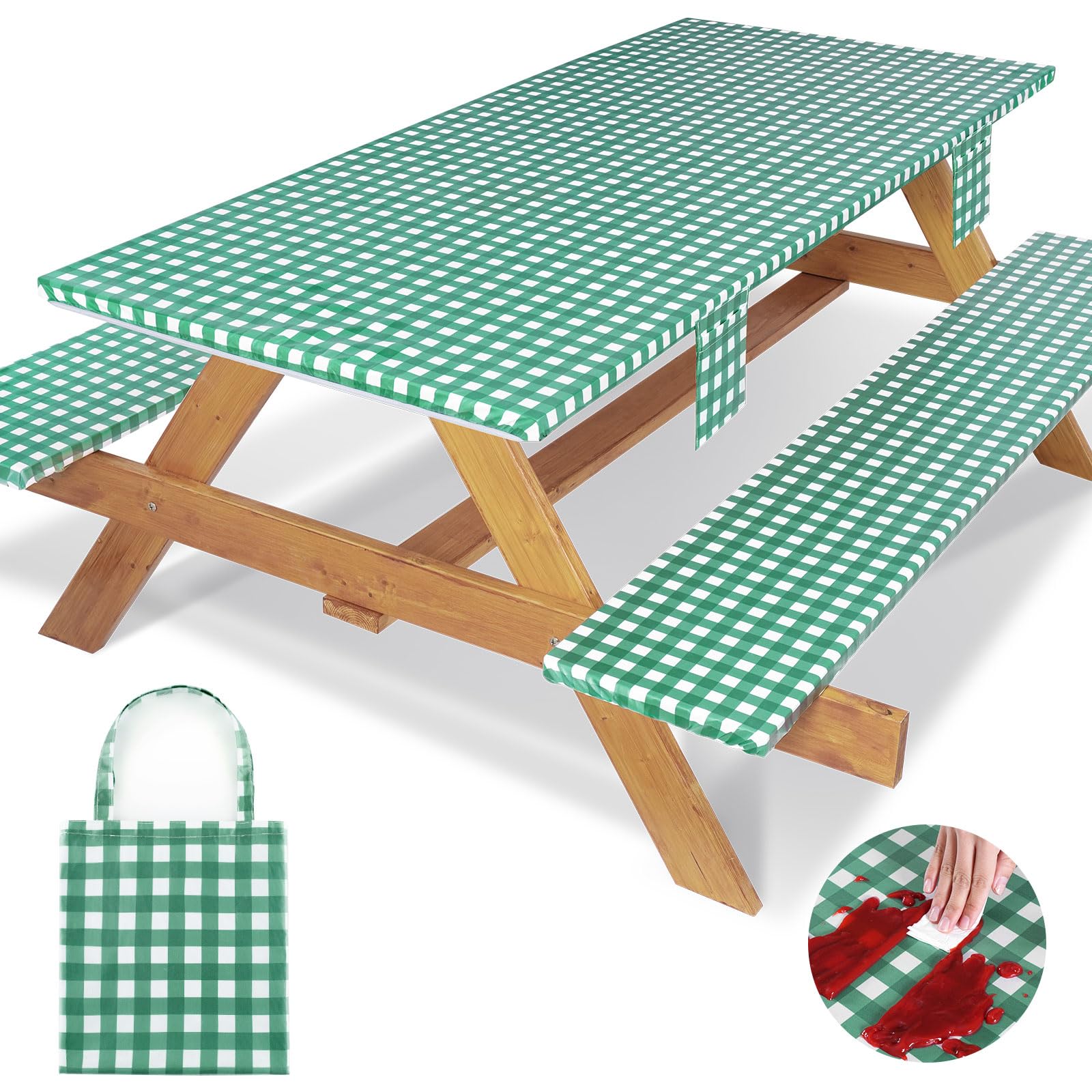 Jobunai Picnic Table Cover Set front view with green white plaid design