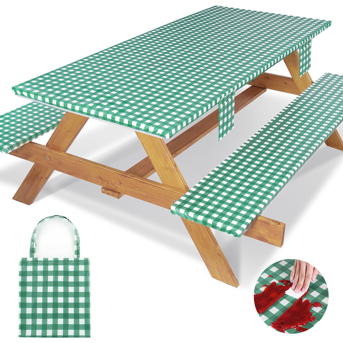 Jobunai Picnic Table Cover Set front view with green white plaid design
