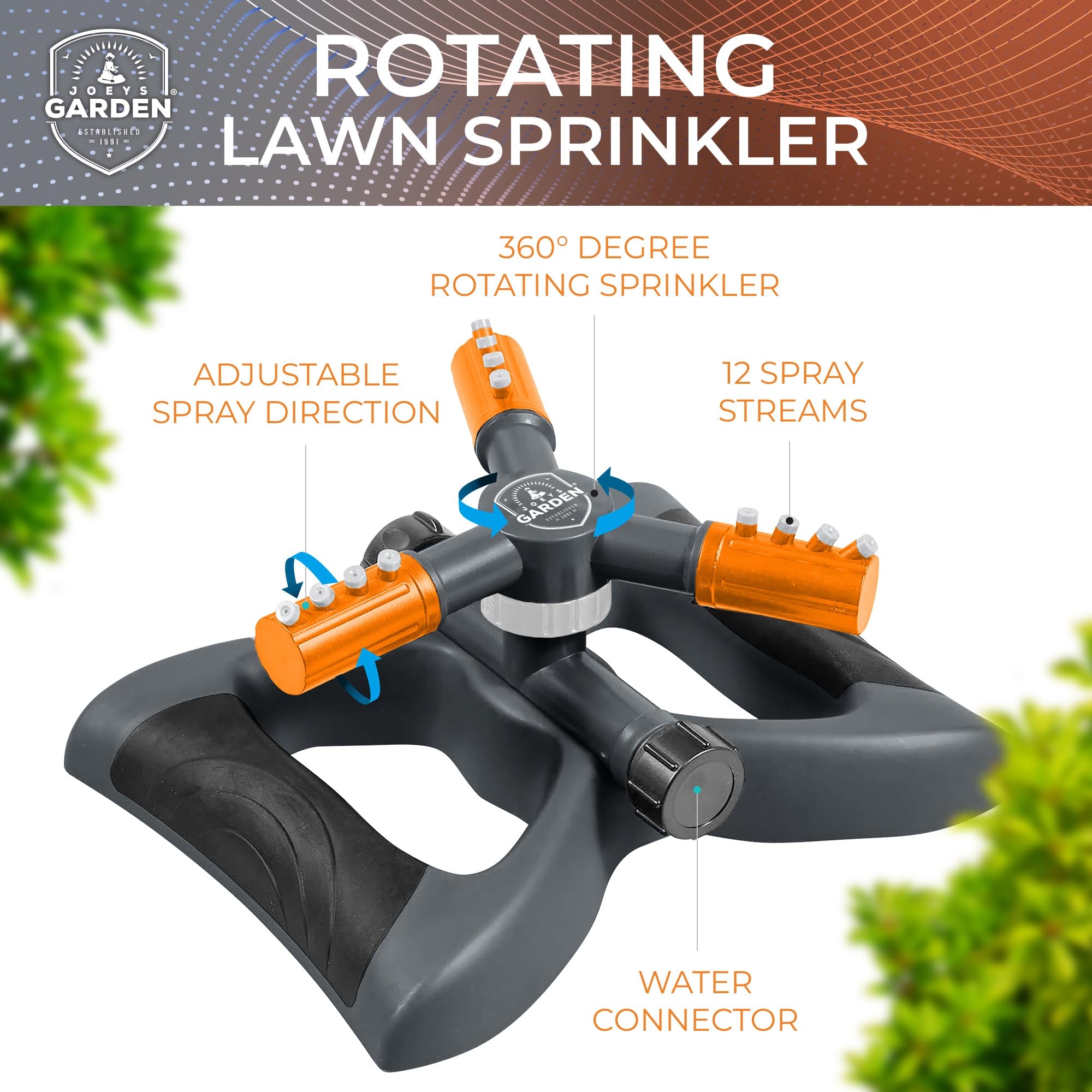 Joeys Garden Rotating Lawn Sprinkler in action watering a garden