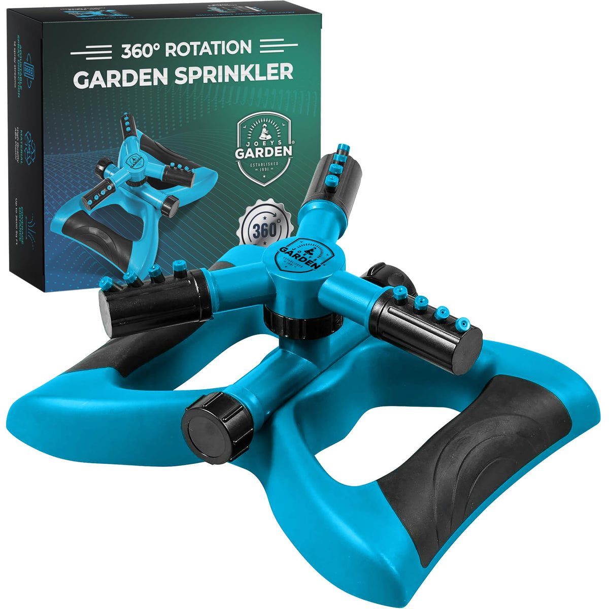 Joeys Garden Rotating Lawn Sprinkler in blue front view