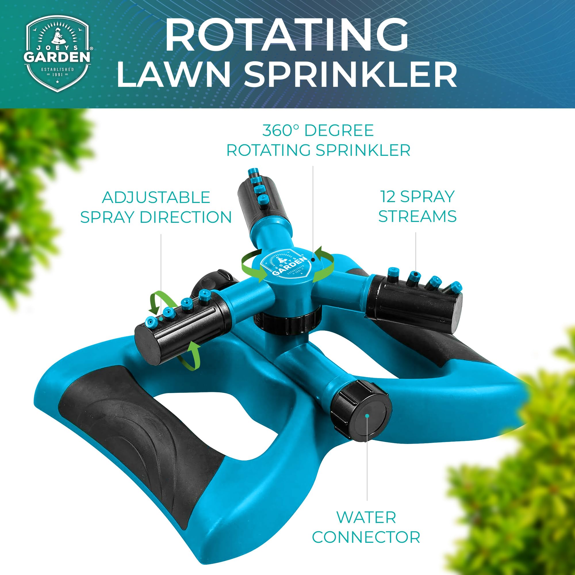 Joeys Garden Rotating Lawn Sprinkler on a grassy lawn