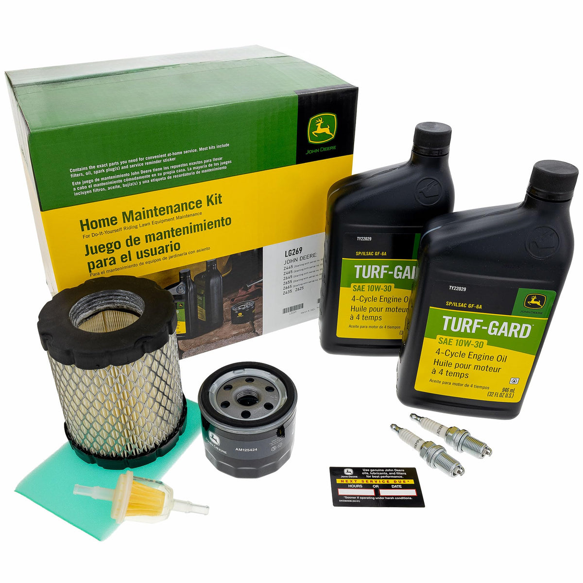 John Deere Maintenance Kit LG269 components including filters and oil