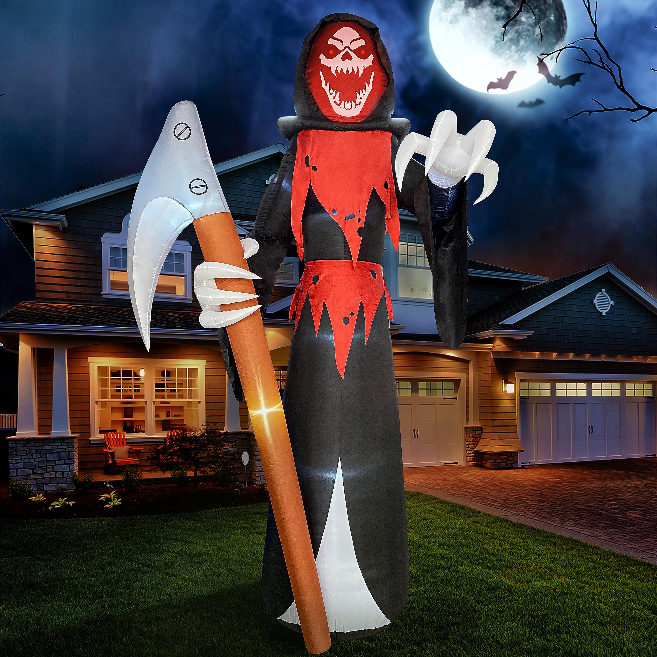 Joiedomi 12 ft Halloween inflatable grim reaper front view with LED lights