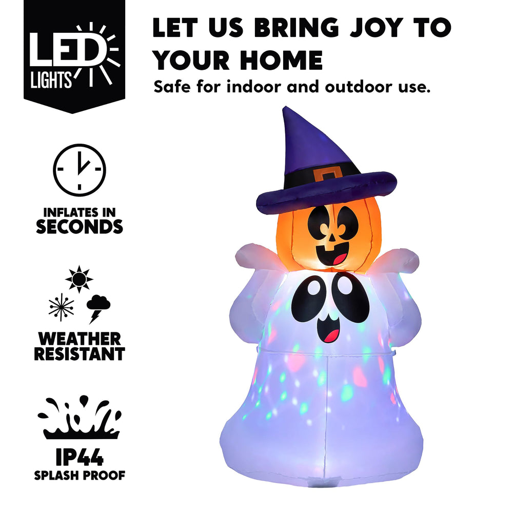 Joiedomi 5 FT inflatable ghost wearing a witch hat in a yard