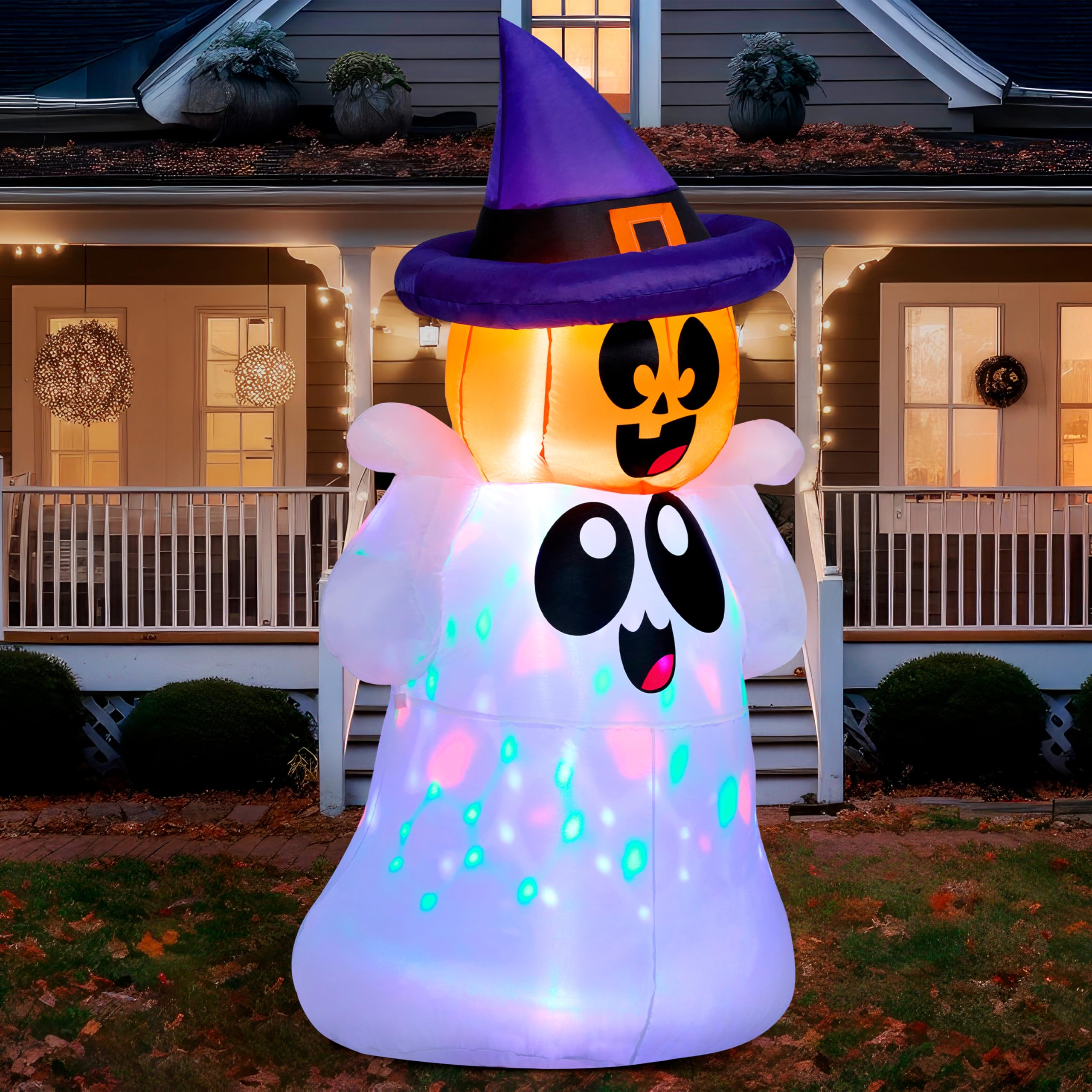 Joiedomi 5 FT inflatable Halloween ghost front view with pumpkin head