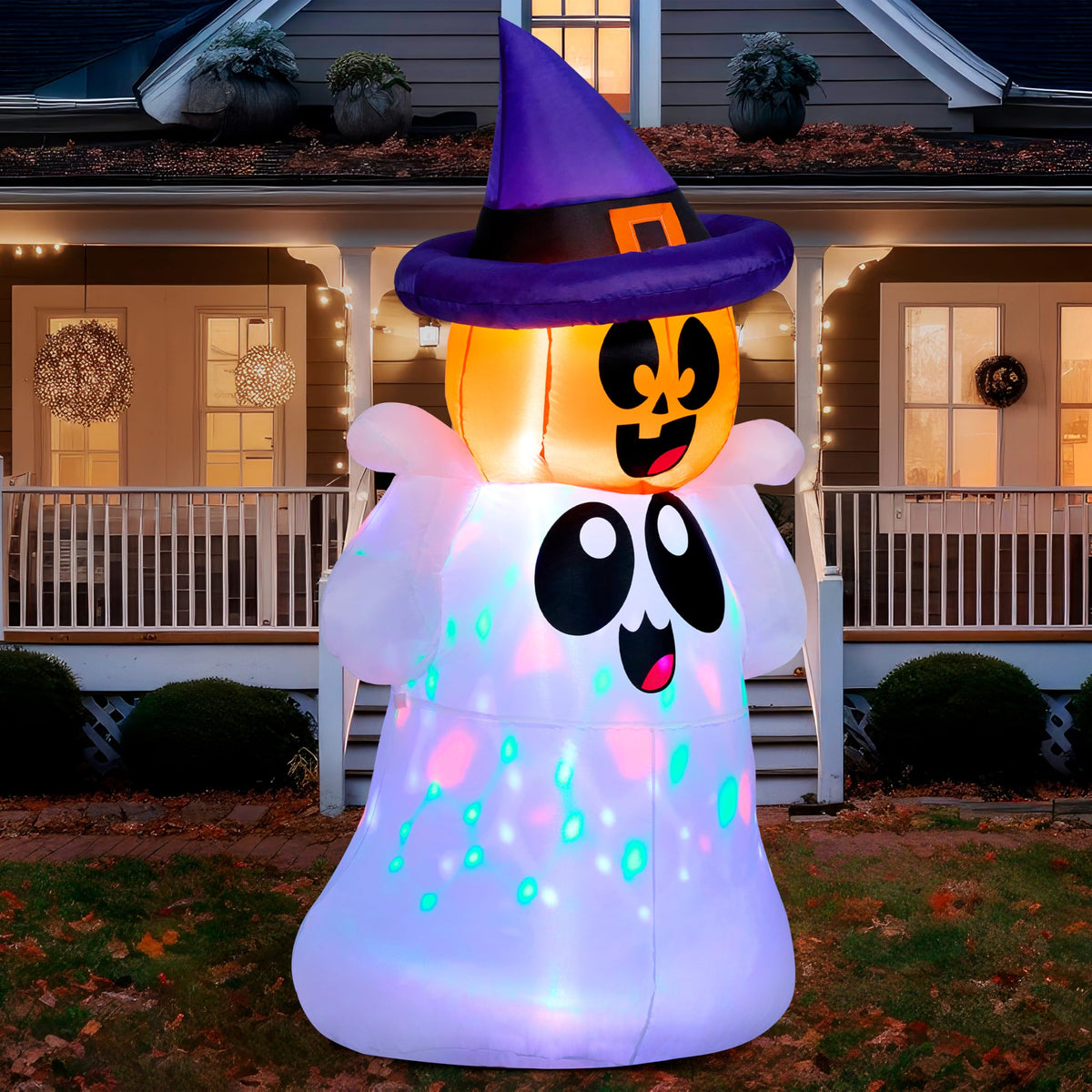 Joiedomi 5 FT inflatable Halloween ghost front view with pumpkin head
