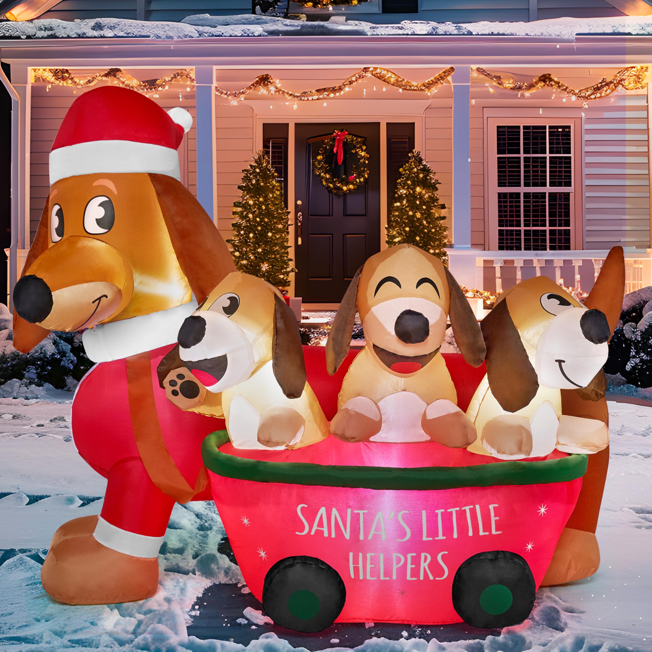 Joiedomi 5FT Christmas Puppy Inflatable front view with LED lights