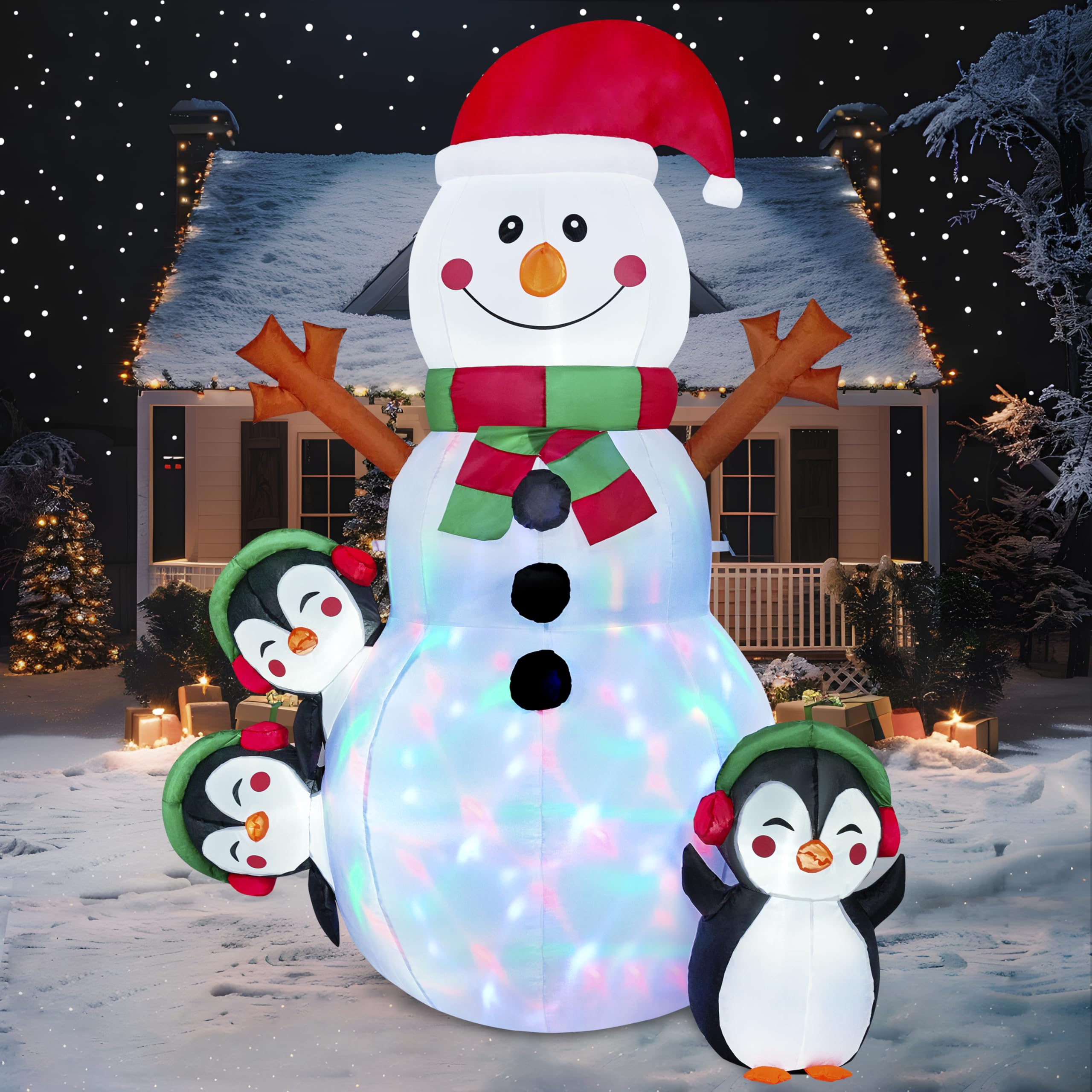 Joiedomi 6 FT Christmas Snowman Inflatable front view with multicolour LEDs