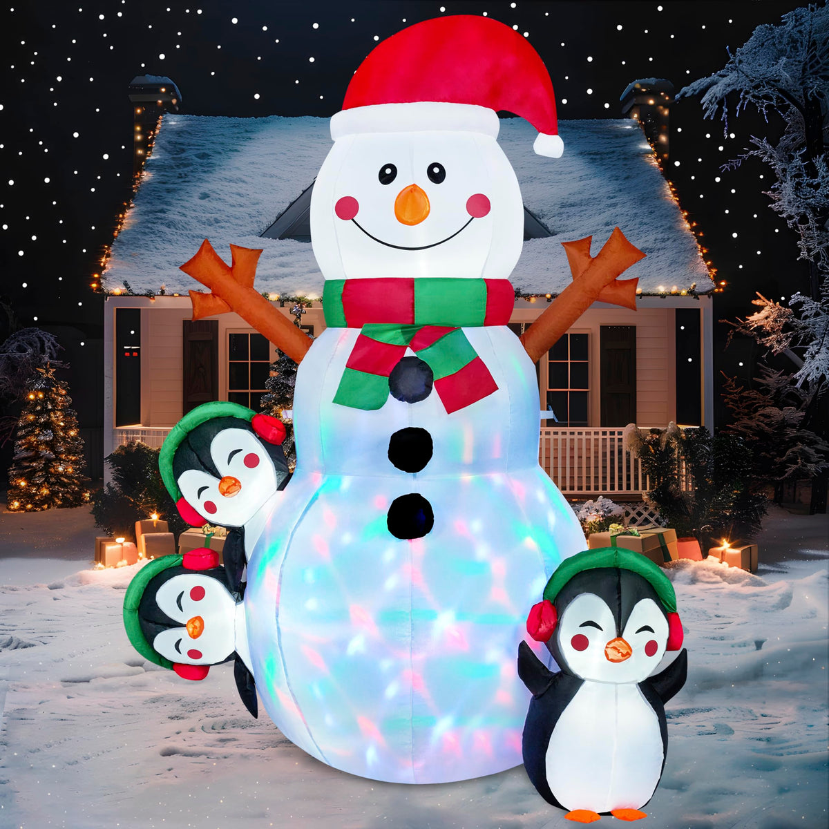 Joiedomi 6 FT Christmas Snowman Inflatable front view with multicolour LEDs