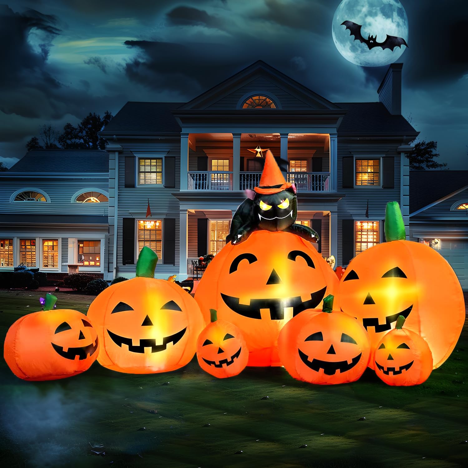 Joiedomi 7 FT Halloween inflatable pumpkin with witch's cat, front view