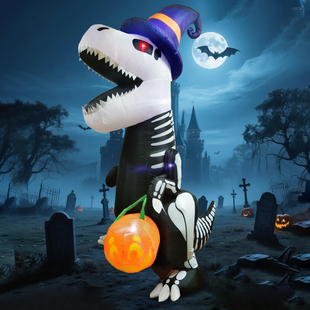 Joiedomi 8 FT Halloween Inflatable Skeleton Dinosaur with purple hat