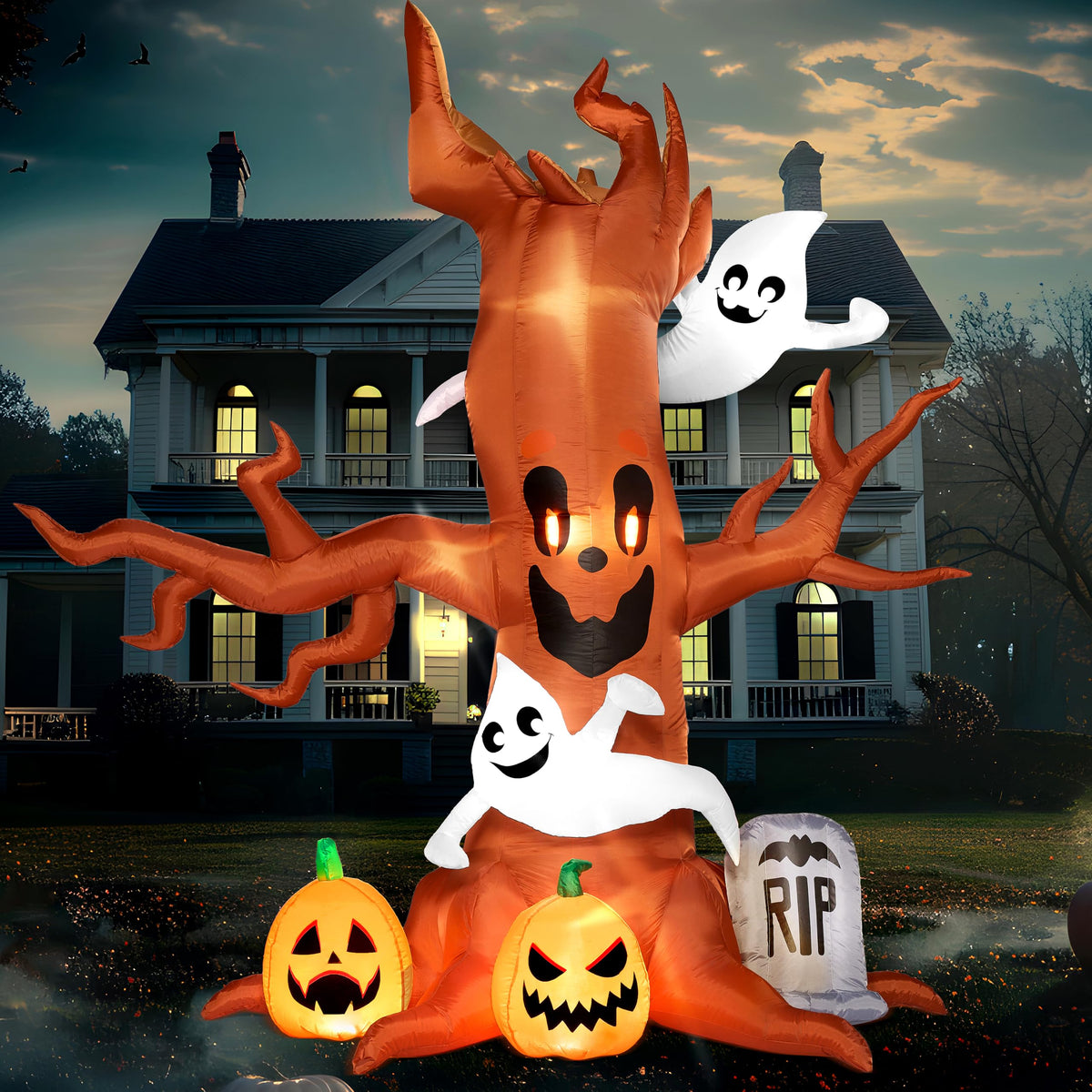 Joiedomi 8FT Halloween Inflatable Scary Tree front view with LED lights