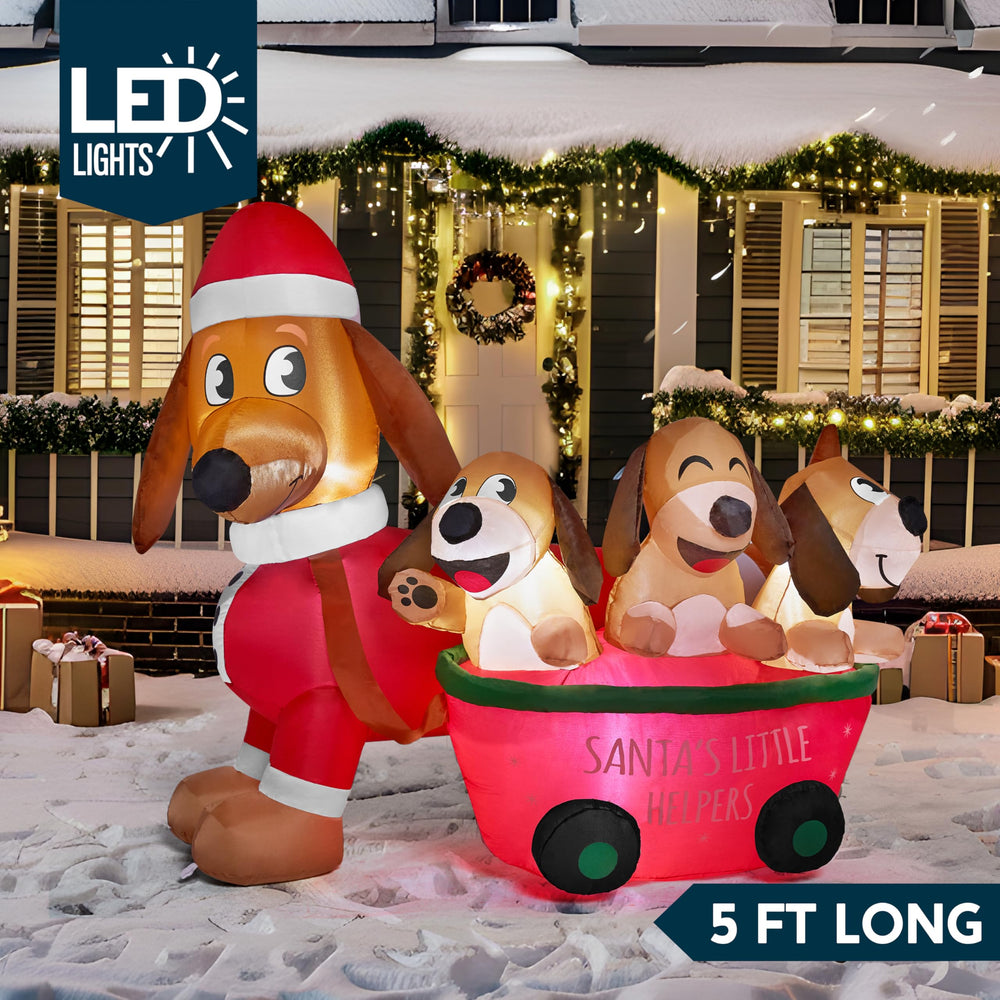 Joiedomi Christmas Puppy Inflatable side view with ground stakes