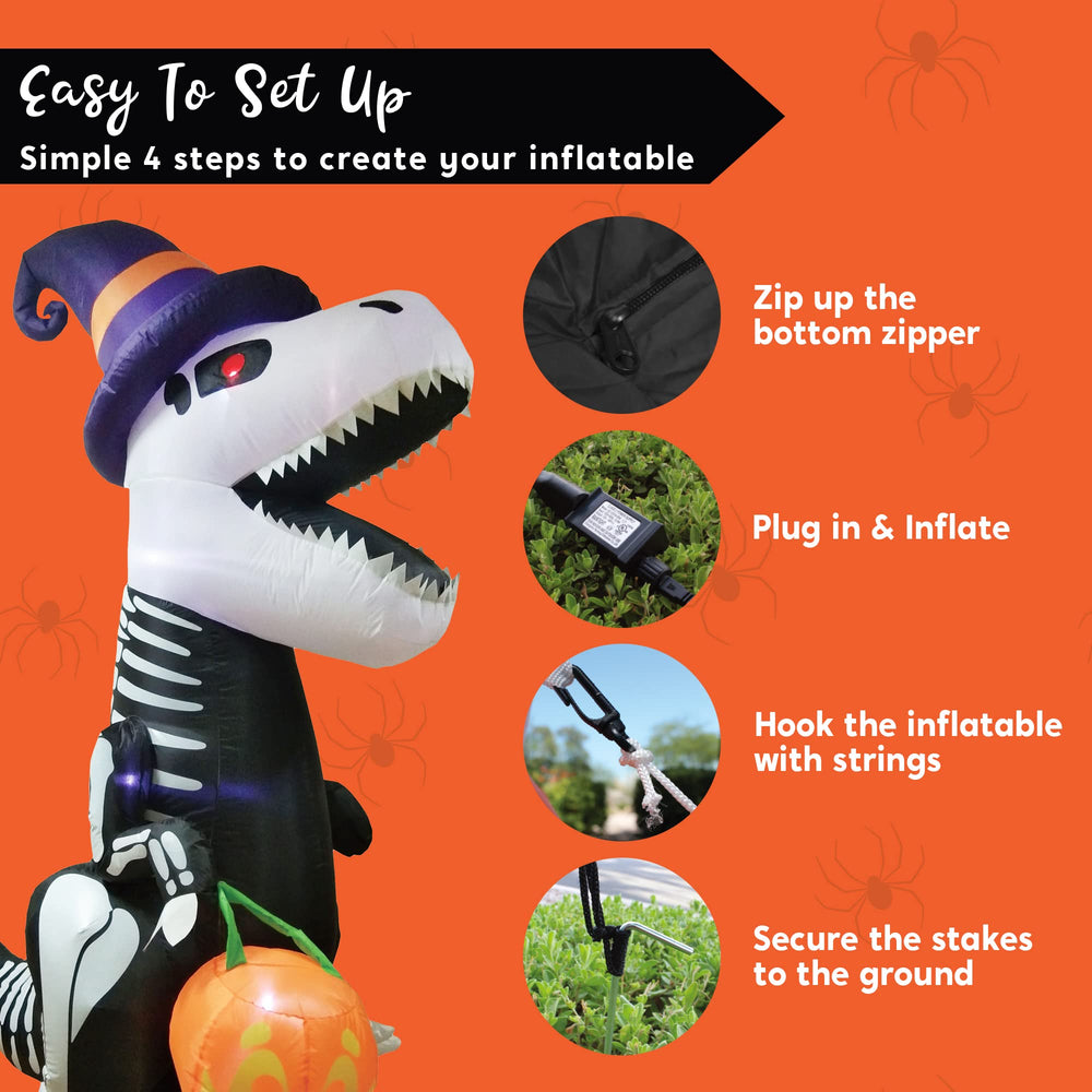 Joiedomi inflatable dinosaur during nighttime with lights on