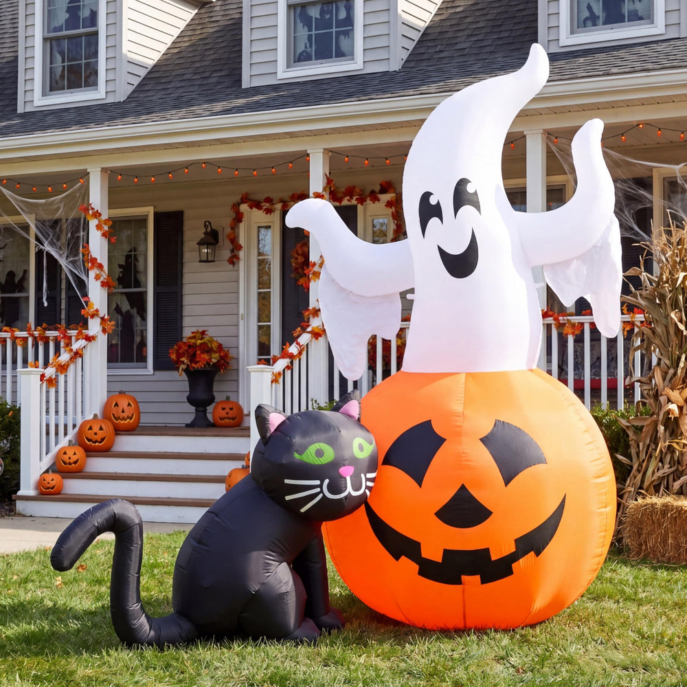 Joiedomi inflatable ghost during nighttime with lights on