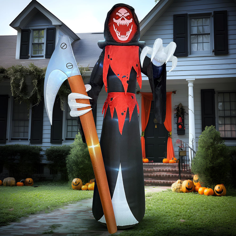 Joiedomi inflatable grim reaper at night glowing with LED lights
