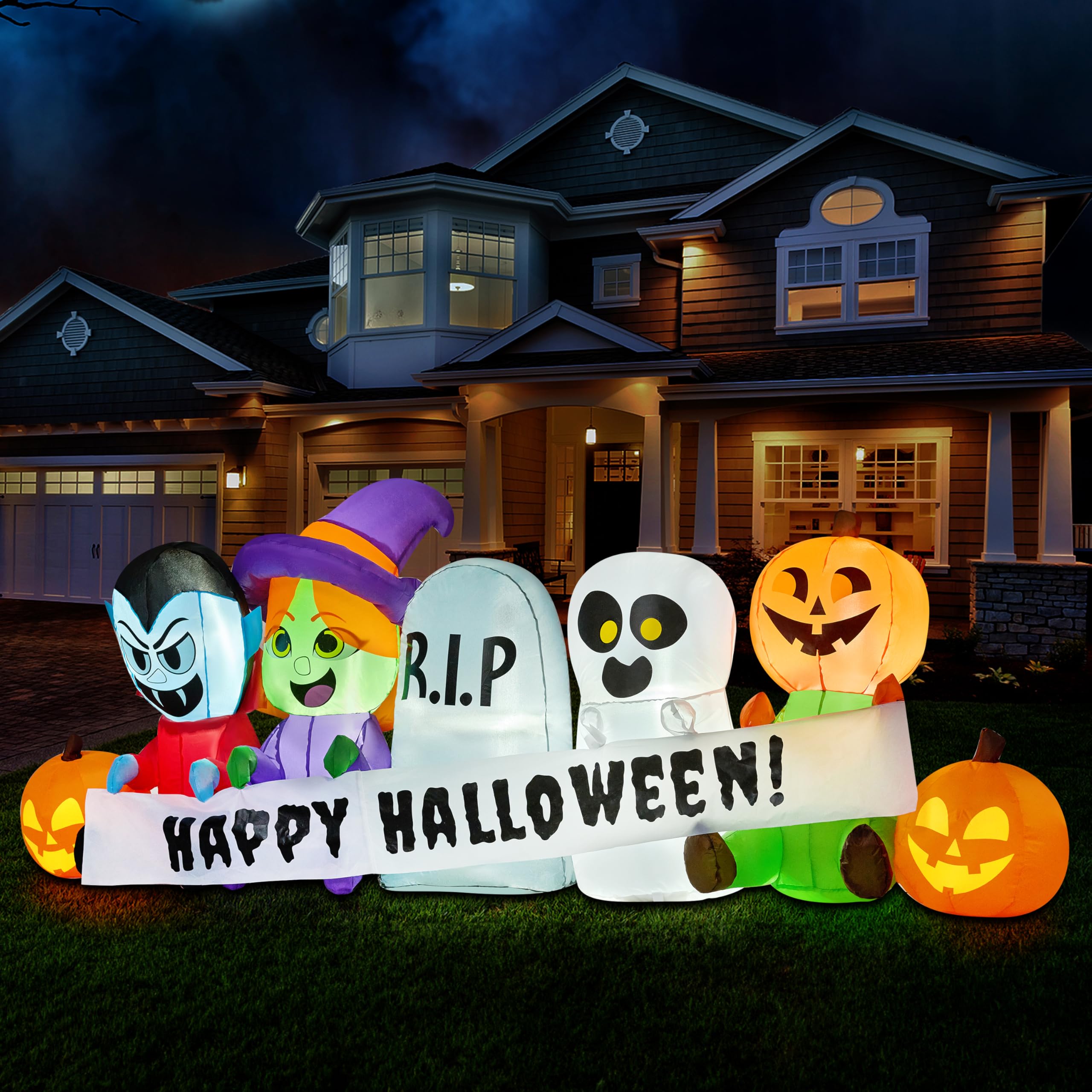 Joiedomi inflatable Halloween setup at night with glowing LEDs