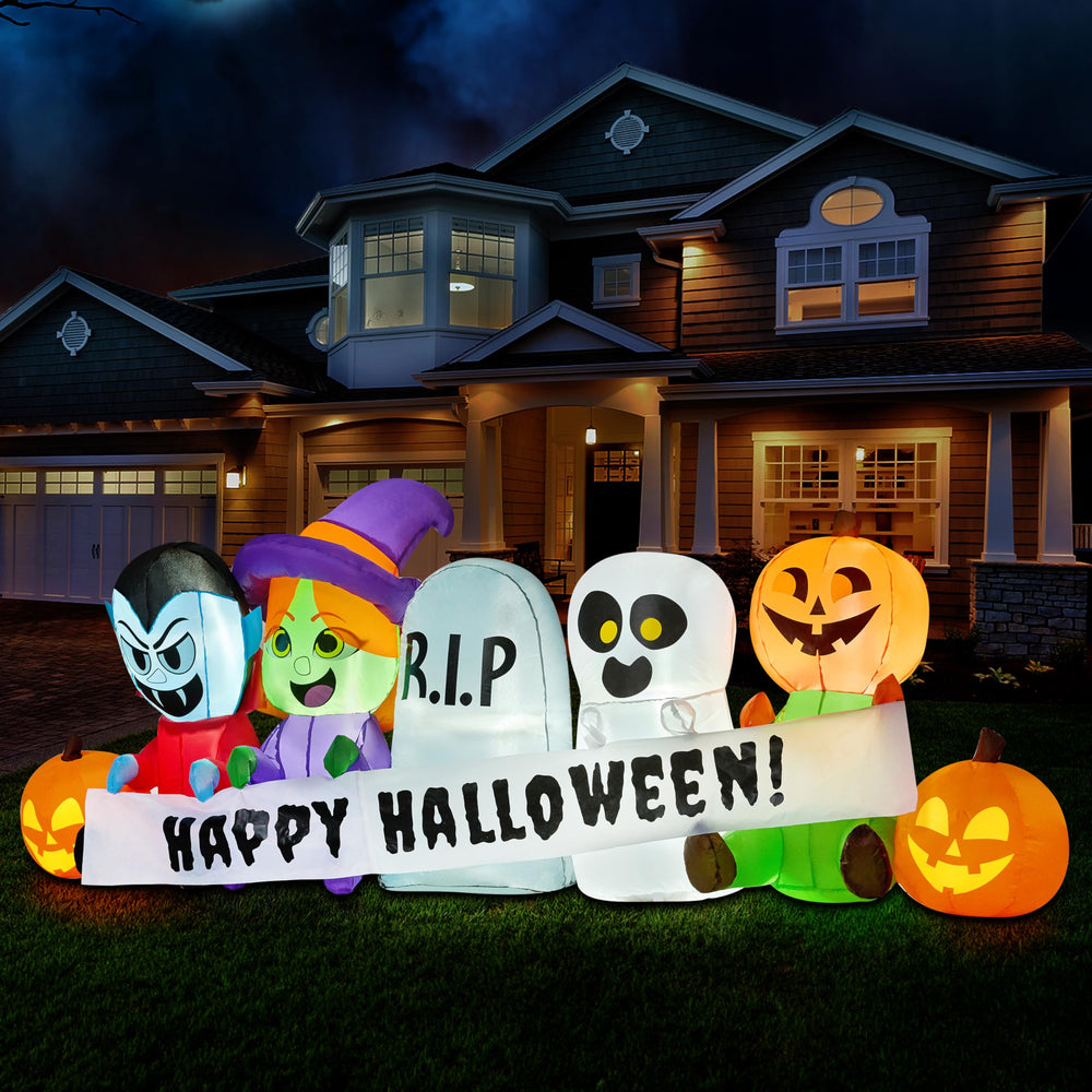 Joiedomi inflatable Halloween setup at night with glowing LEDs