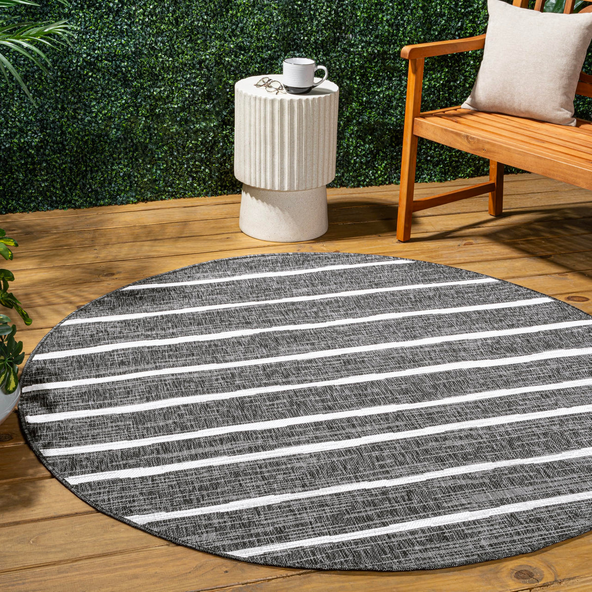 JONATHAN Y Berber Stripe Round Area Rug 3'1" Black/Ivory front view