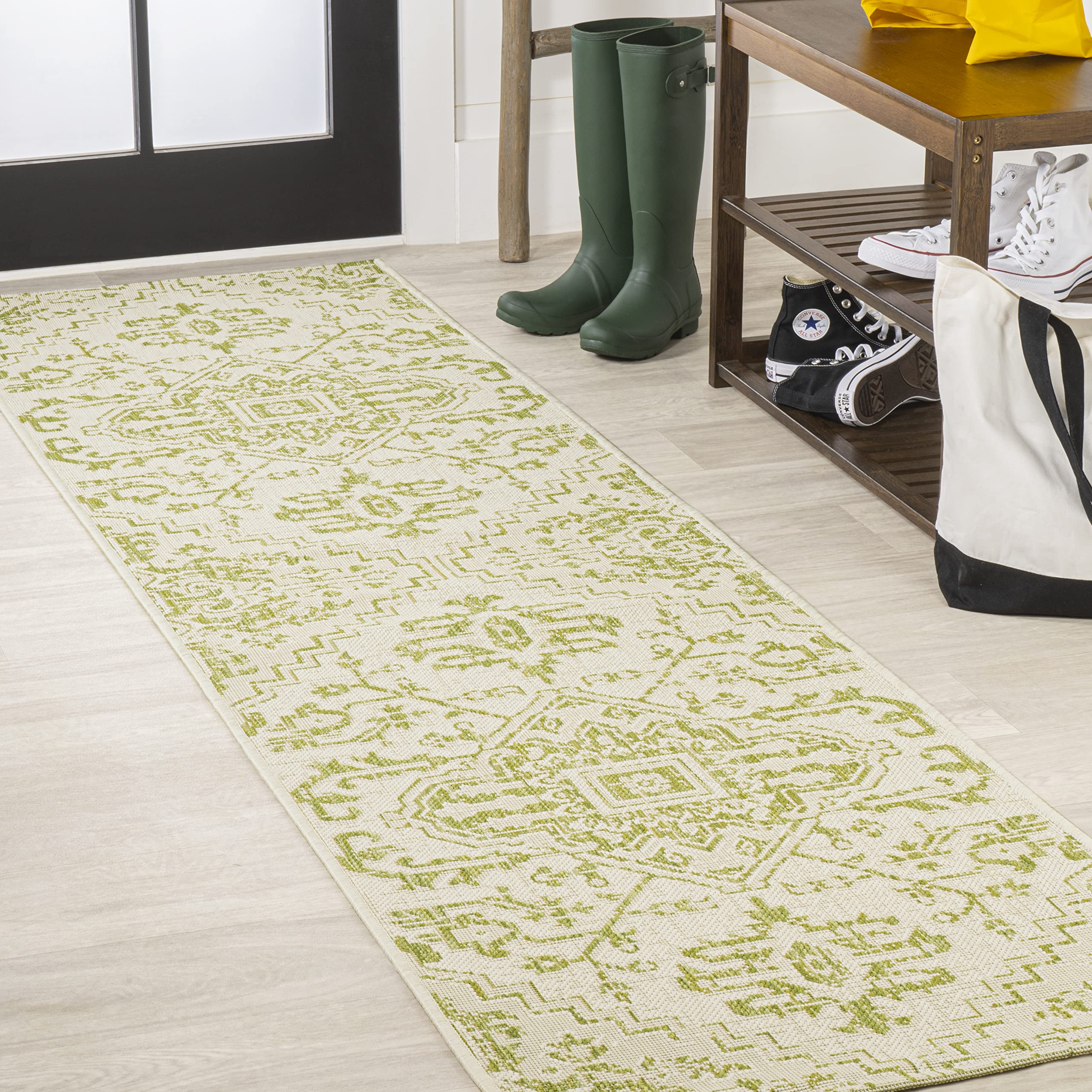 JONATHAN Y Boho Medallion Runner Rug cream and green front view