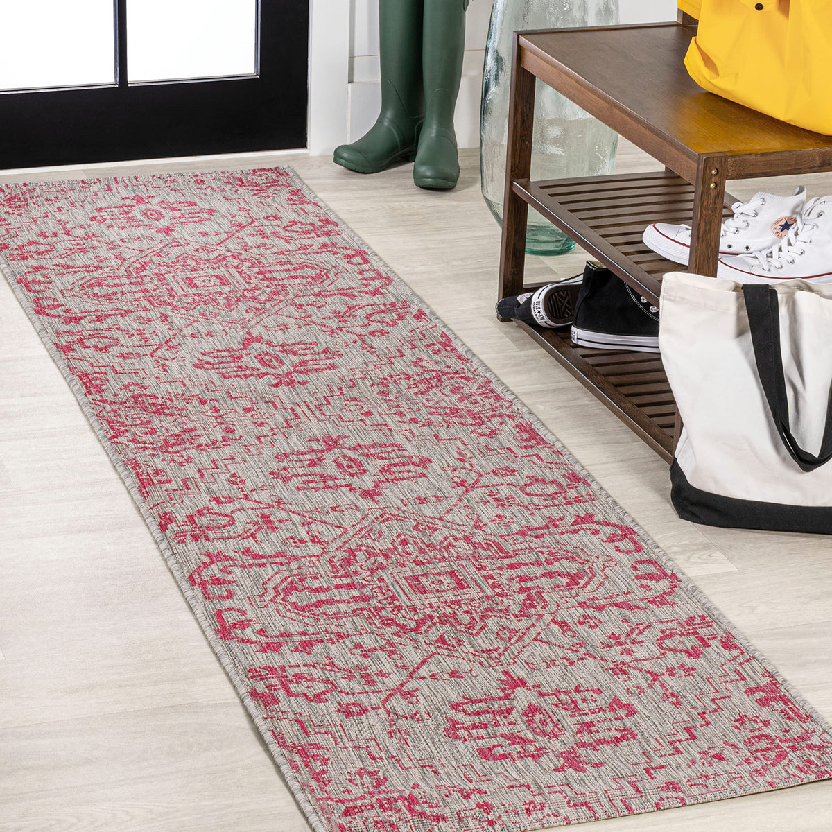 JONATHAN Y Boho Medallion Runner Rug front view in light gray and fuchsia