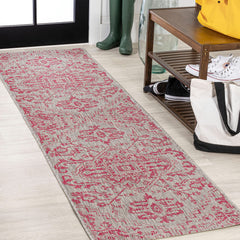 JONATHAN Y Boho Medallion Runner Rug front view in light gray and fuchsia