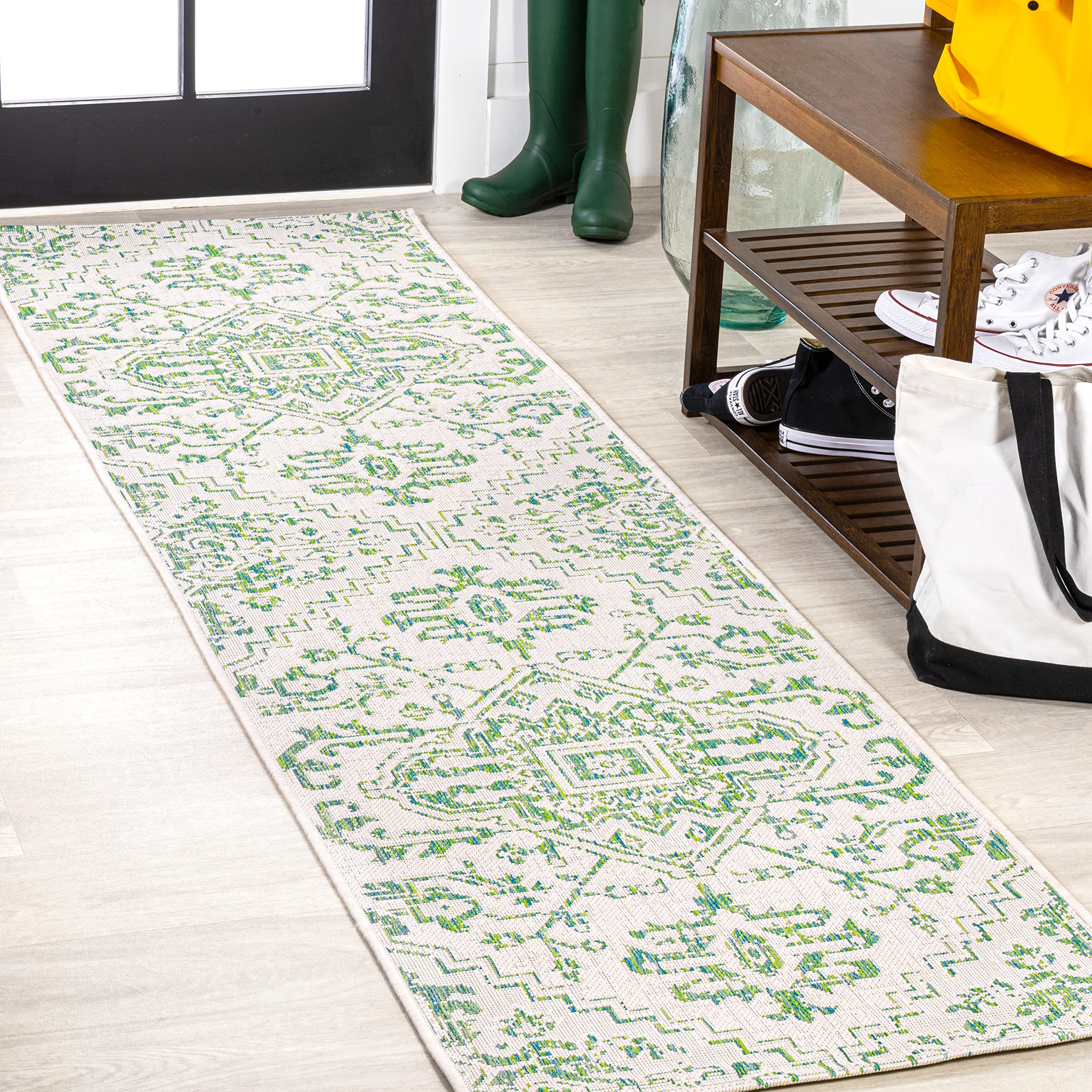 JONATHAN Y Boho Medallion Runner Rug green and cream front view