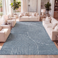 JONATHAN Y Hallie High-Low Curve Rug front view in dark blue and cream