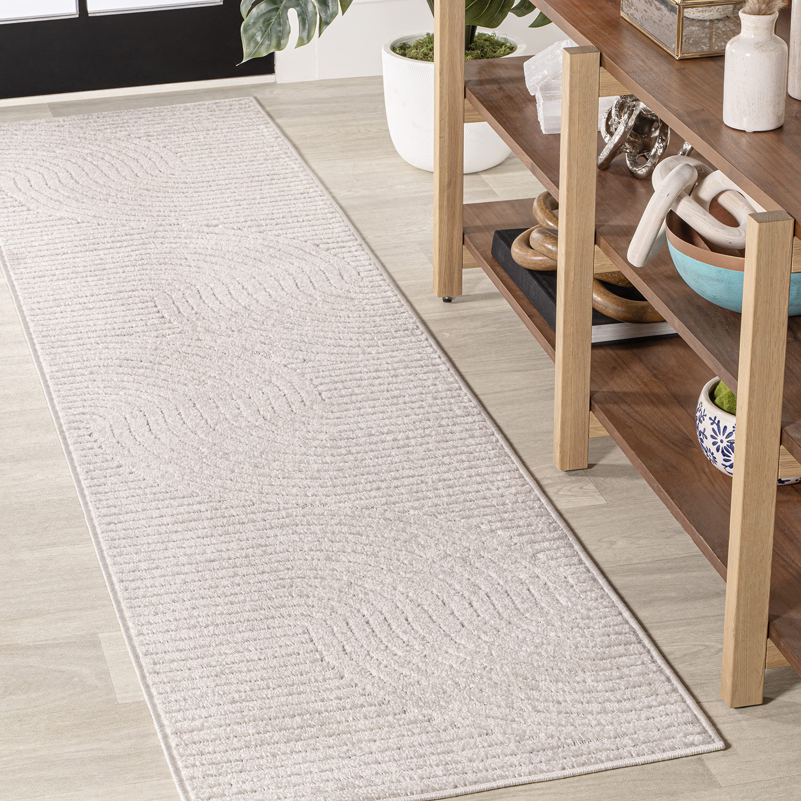 JONATHAN Y Hallie High-Low Curve Runner Rug in ivory and cream front view