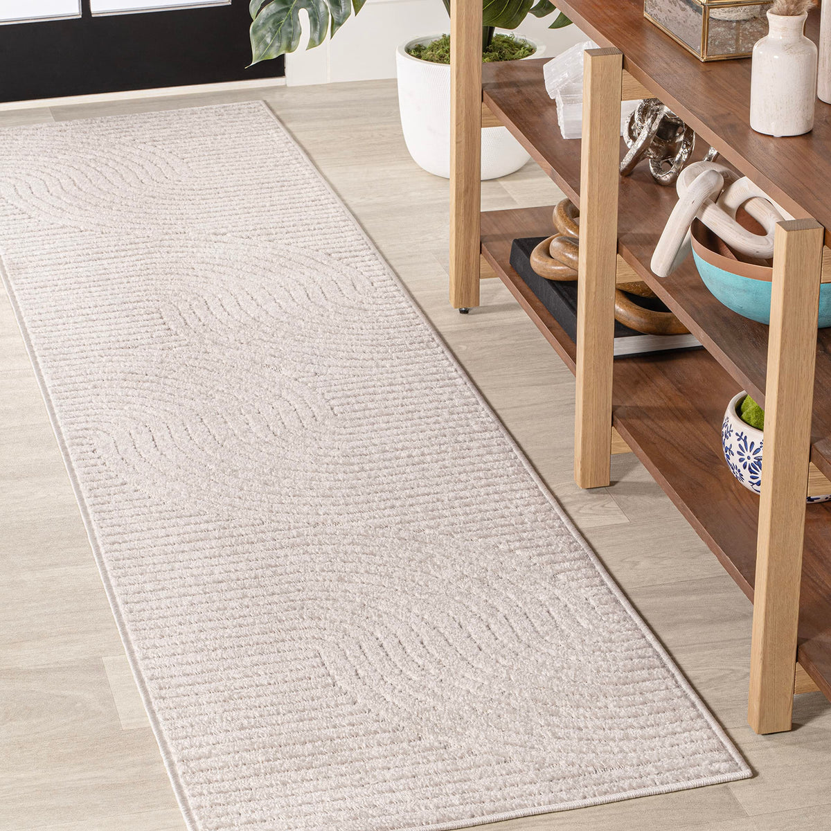 JONATHAN Y Hallie High-Low Curve Runner Rug in ivory and cream front view