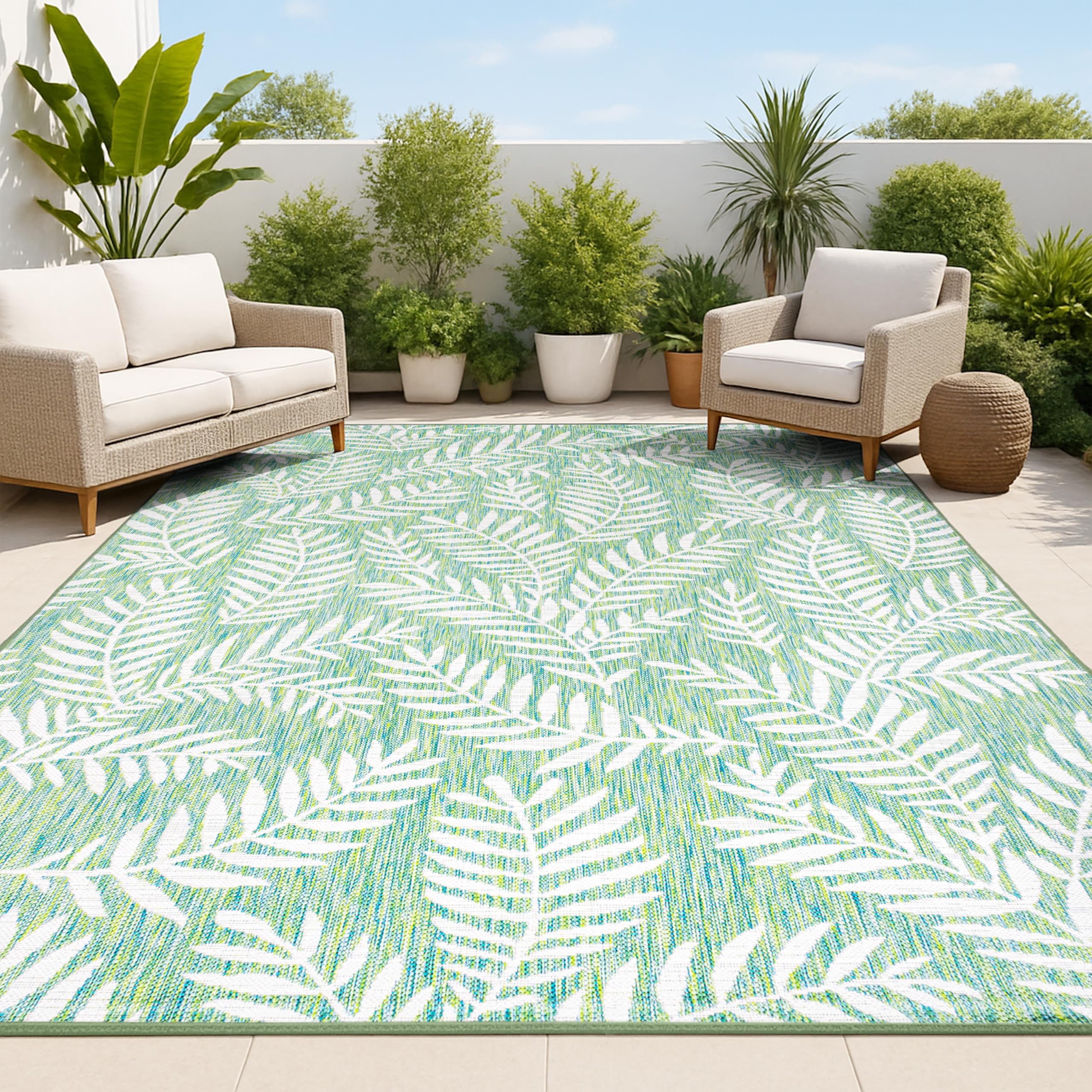 JONATHAN Y Palm Frond Indoor Outdoor Area Rug front view, Cream/Green