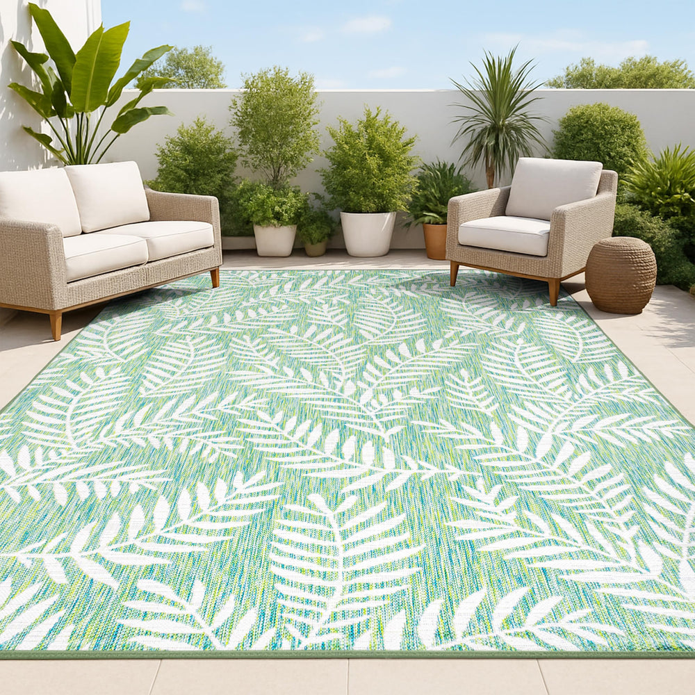 JONATHAN Y Palm Frond Indoor Outdoor Area Rug front view, Cream/Green