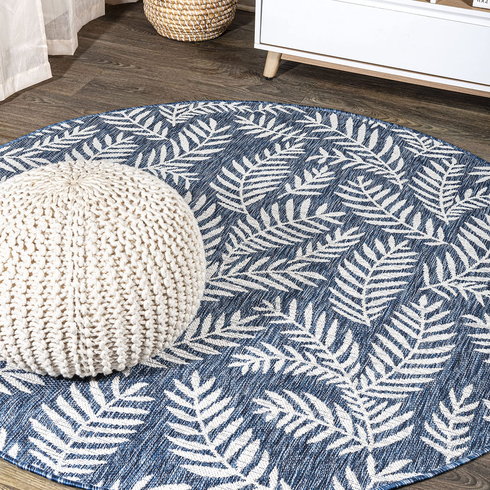 JONATHAN Y Palm Frond Indoor Outdoor Round Area Rug 3'1" Navy/Ivory front view