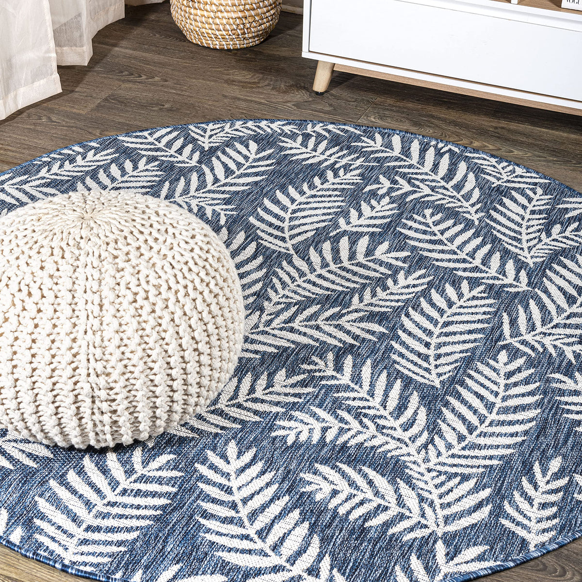 JONATHAN Y Palm Frond Indoor Outdoor Round Area Rug 3'1" Navy/Ivory front view