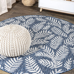JONATHAN Y Palm Frond Indoor Outdoor Round Area Rug 3'1" Navy/Ivory front view