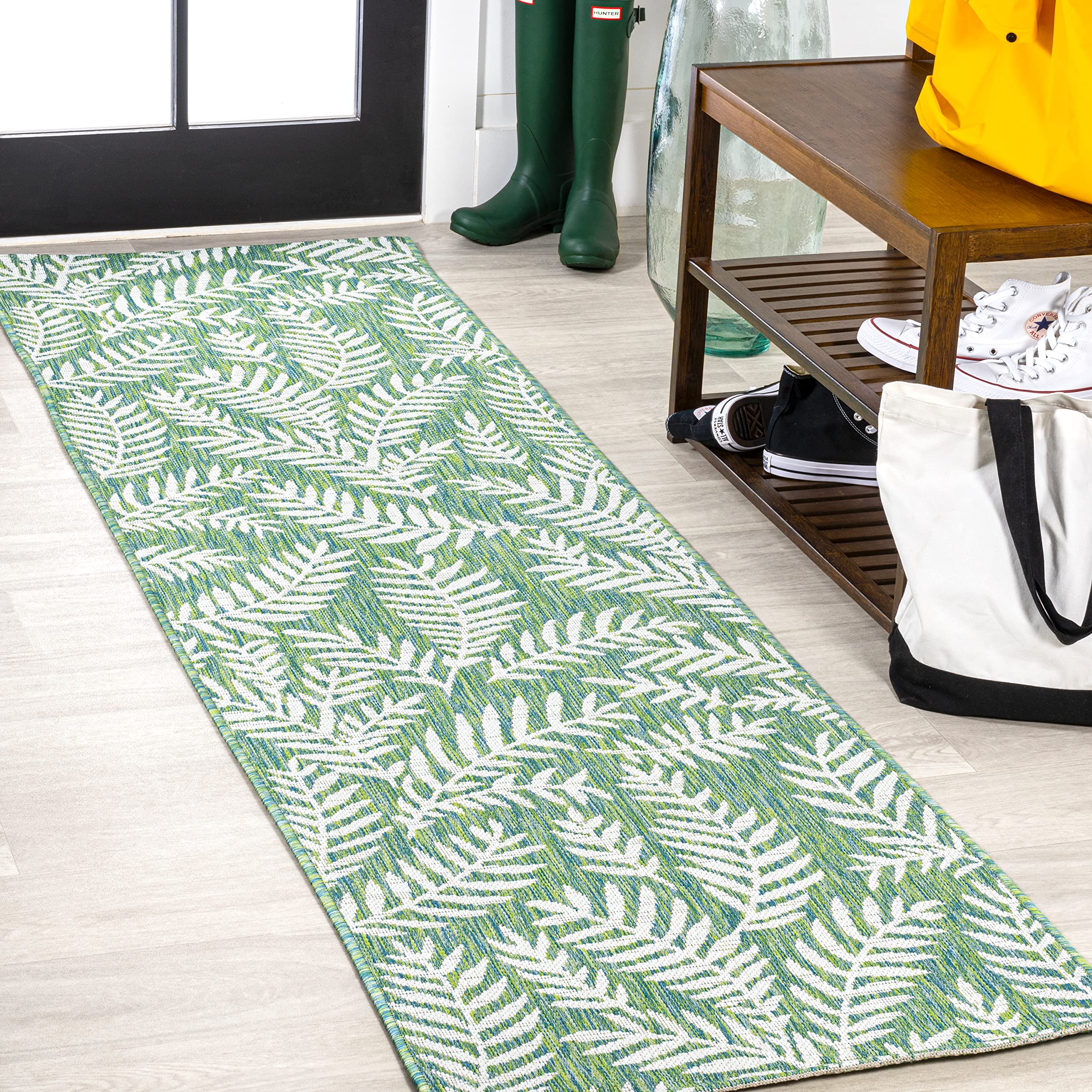 JONATHAN Y Palm Frond Runner Rug front view in cream and green