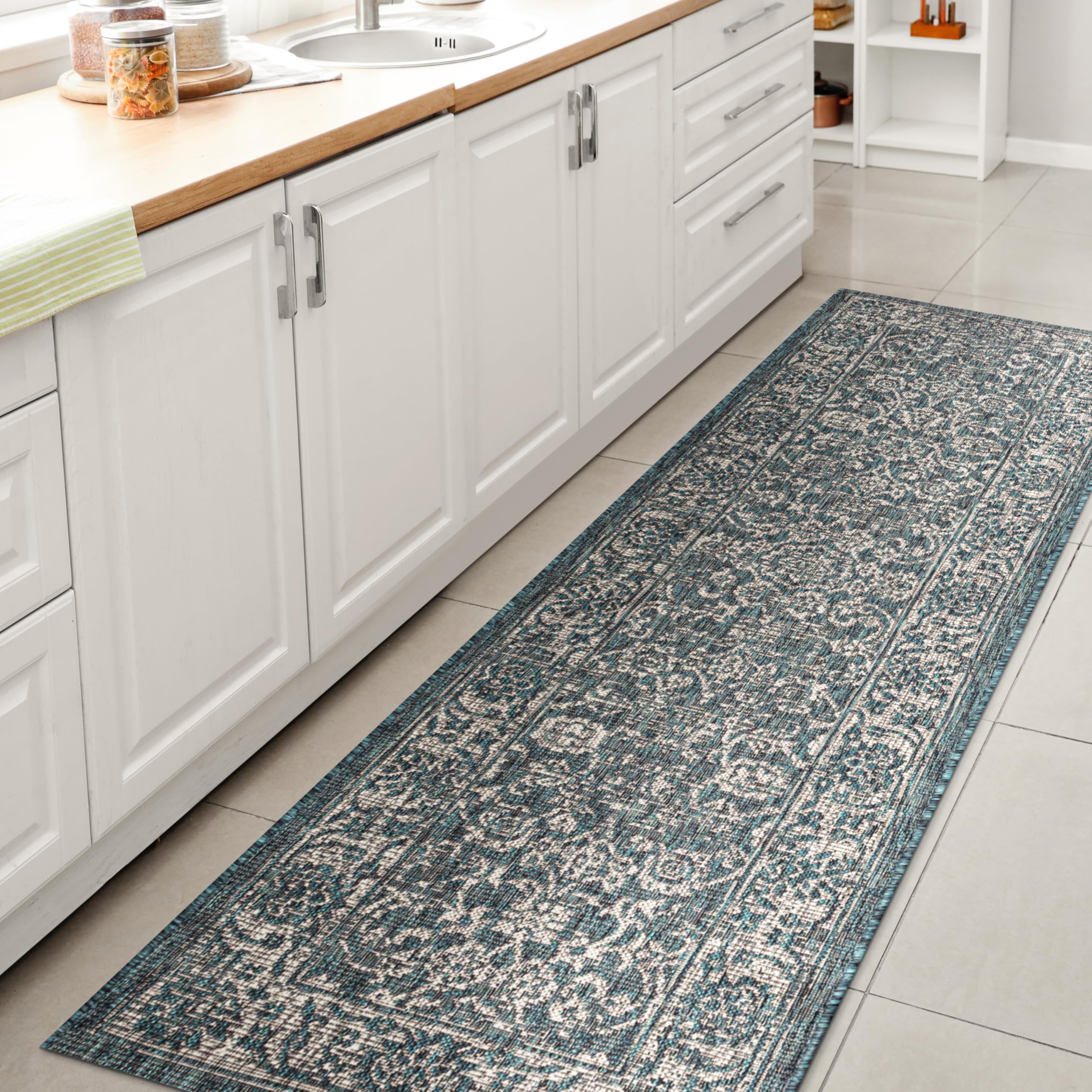 JONATHAN Y Weave Floral Indoor Outdoor Runner Rug 2'2" x 8' Teal/Gray front view