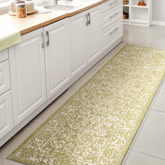 JONATHAN Y Weave Floral Indoor Outdoor Runner Rug front view in green and cream