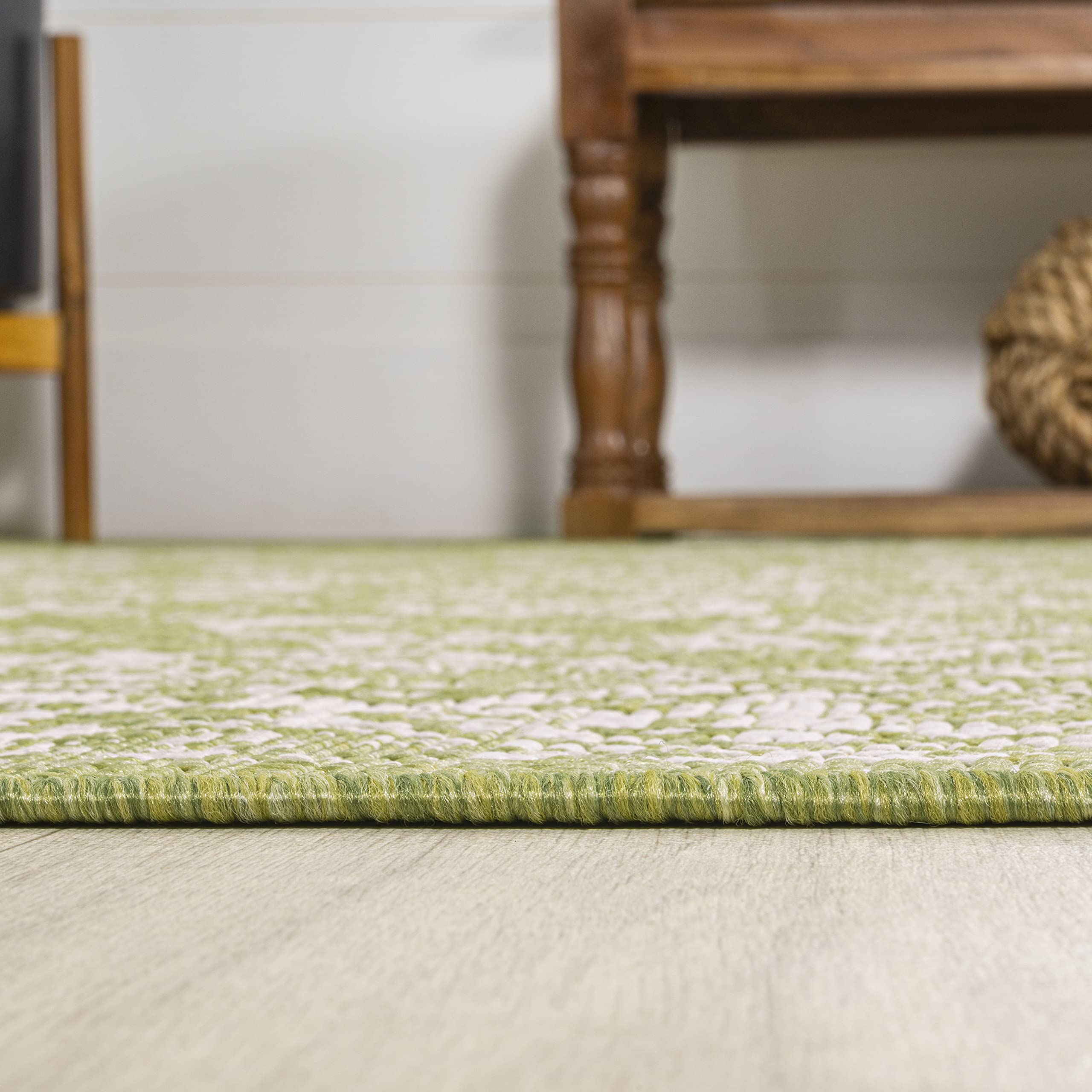 JONATHAN Y Weave Floral Indoor Outdoor Runner Rug in green and cream colour