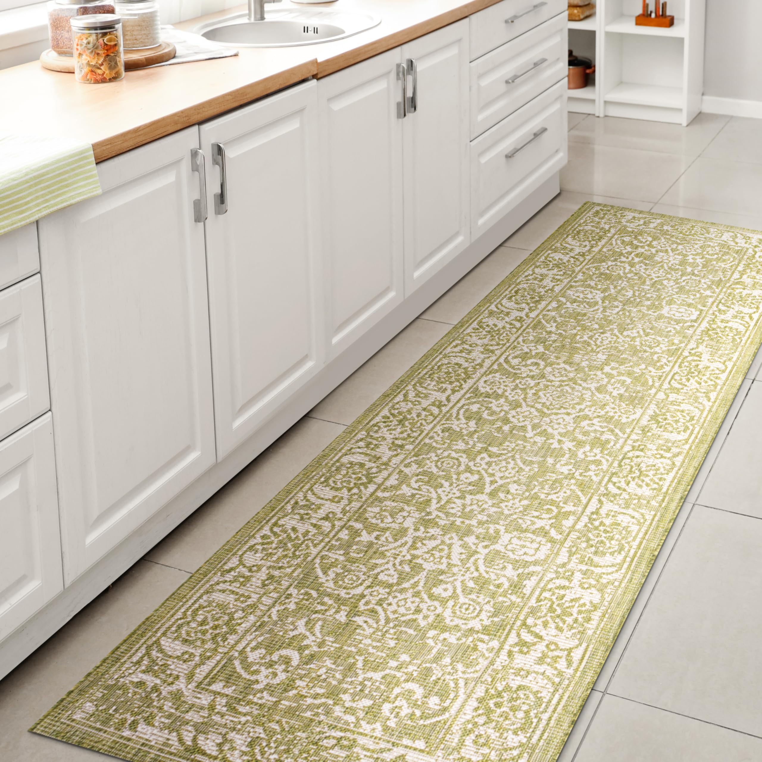 JONATHAN Y Weave Floral Runner Rug front view with green and cream design