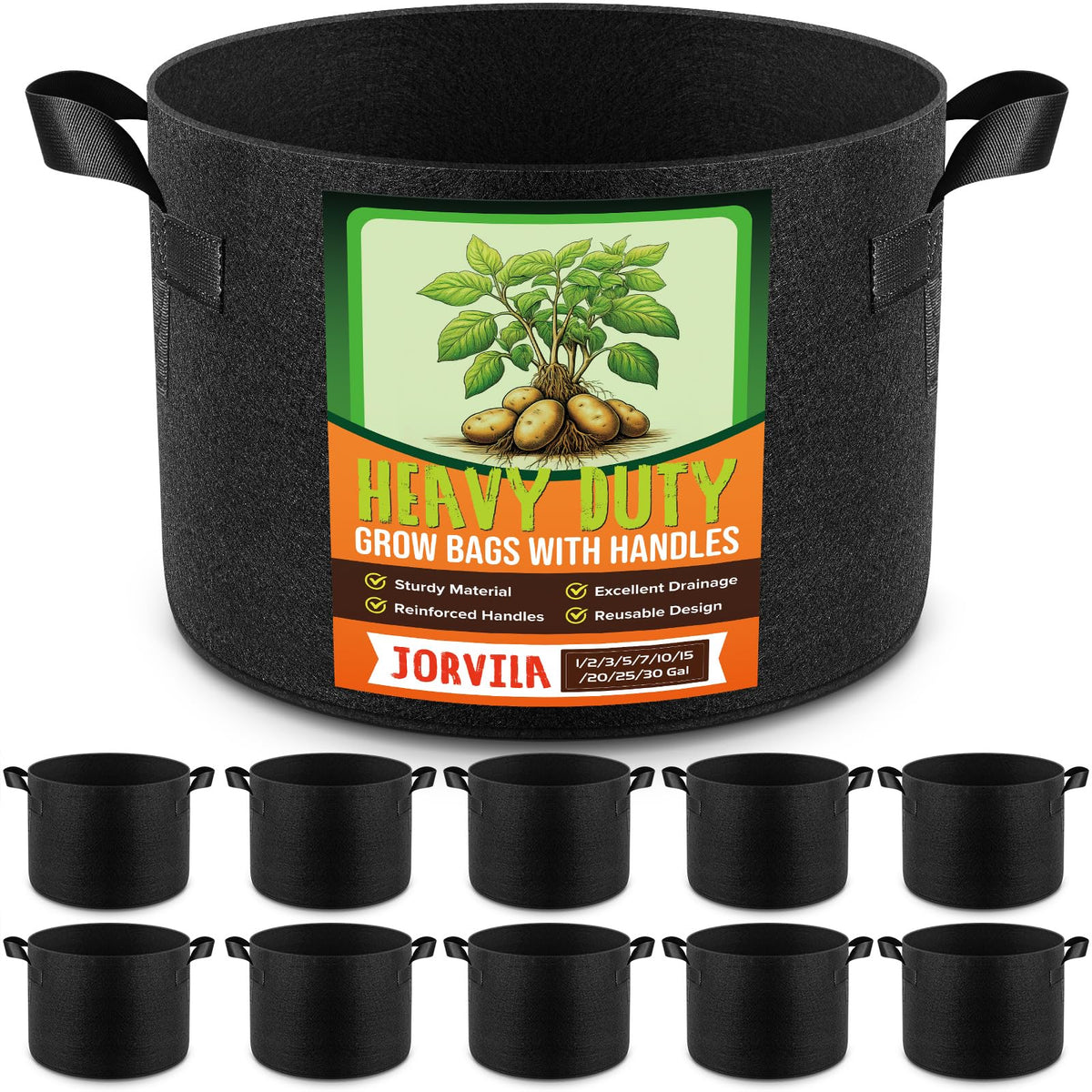 Jorvila 10-Pack 15 Gallon Grow Bags in black