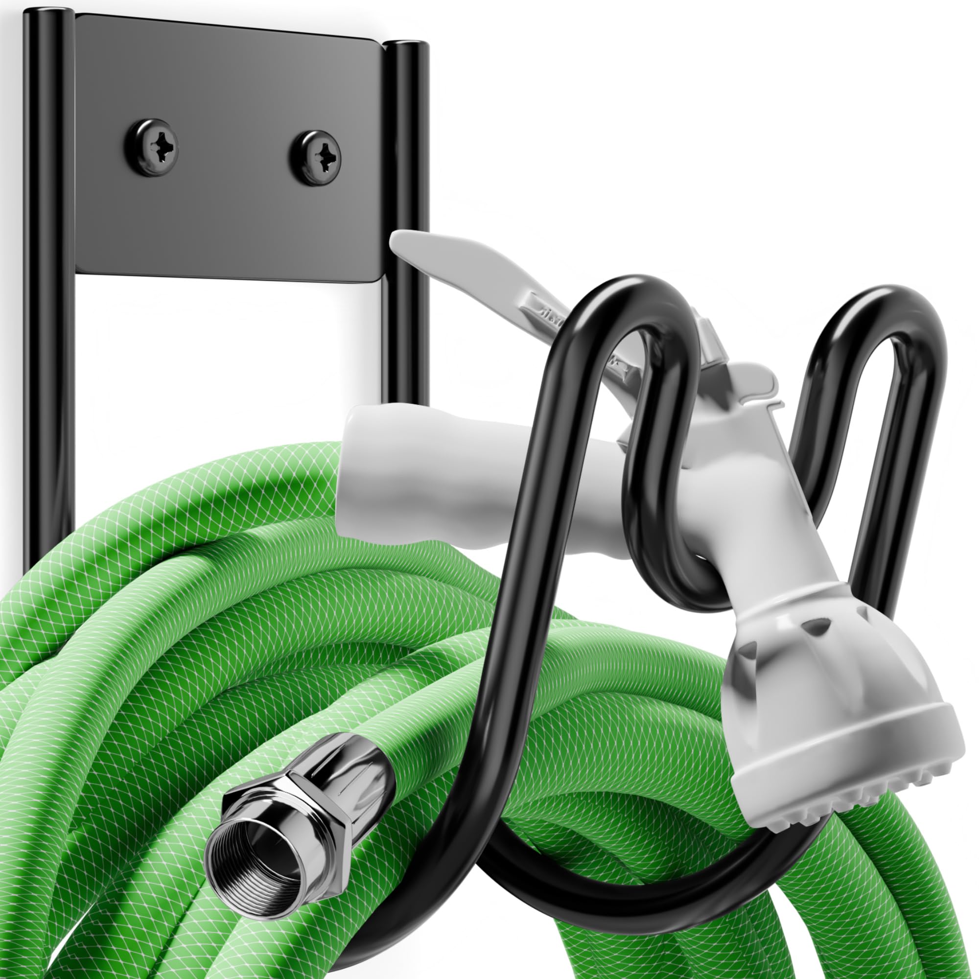 Josmimic Black Metal Garden Hose Holder front view, showcasing sleek design