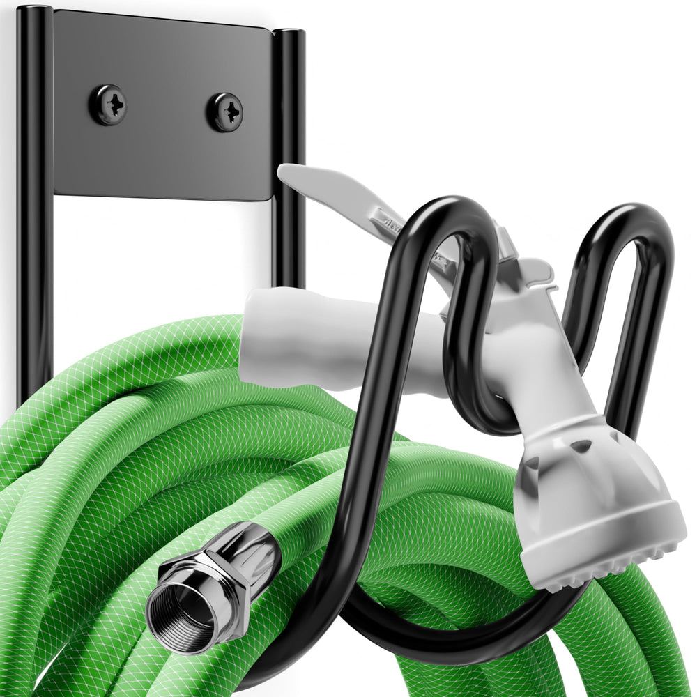 Josmimic Black Metal Garden Hose Holder front view, showcasing sleek design