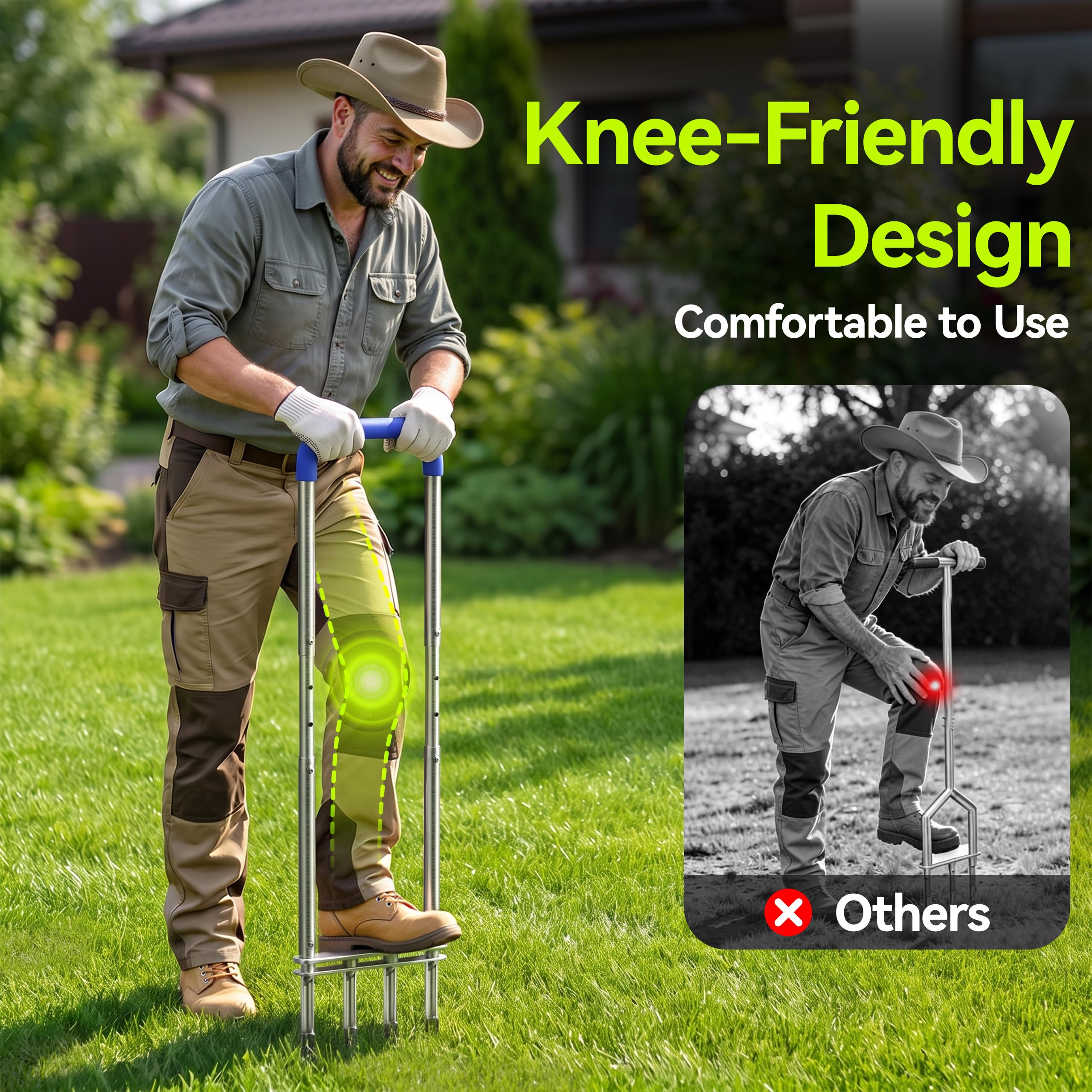 Josmimic Manual Lawn Aerator angled view showcasing stainless steel construction