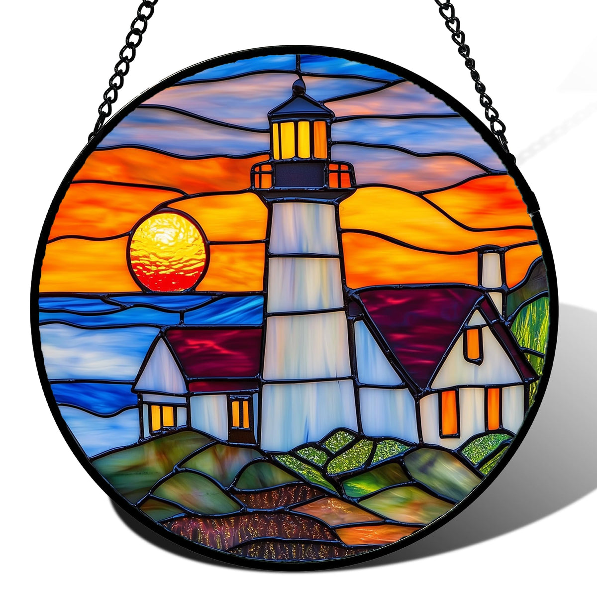 JOSUMALY stained glass suncatcher front view showcasing vibrant orange and blue colours