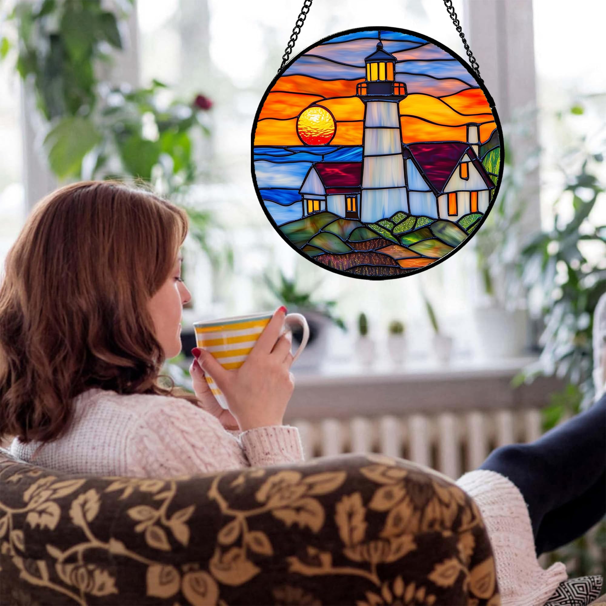 JOSUMALY stained glass suncatcher hanging in a sunny window