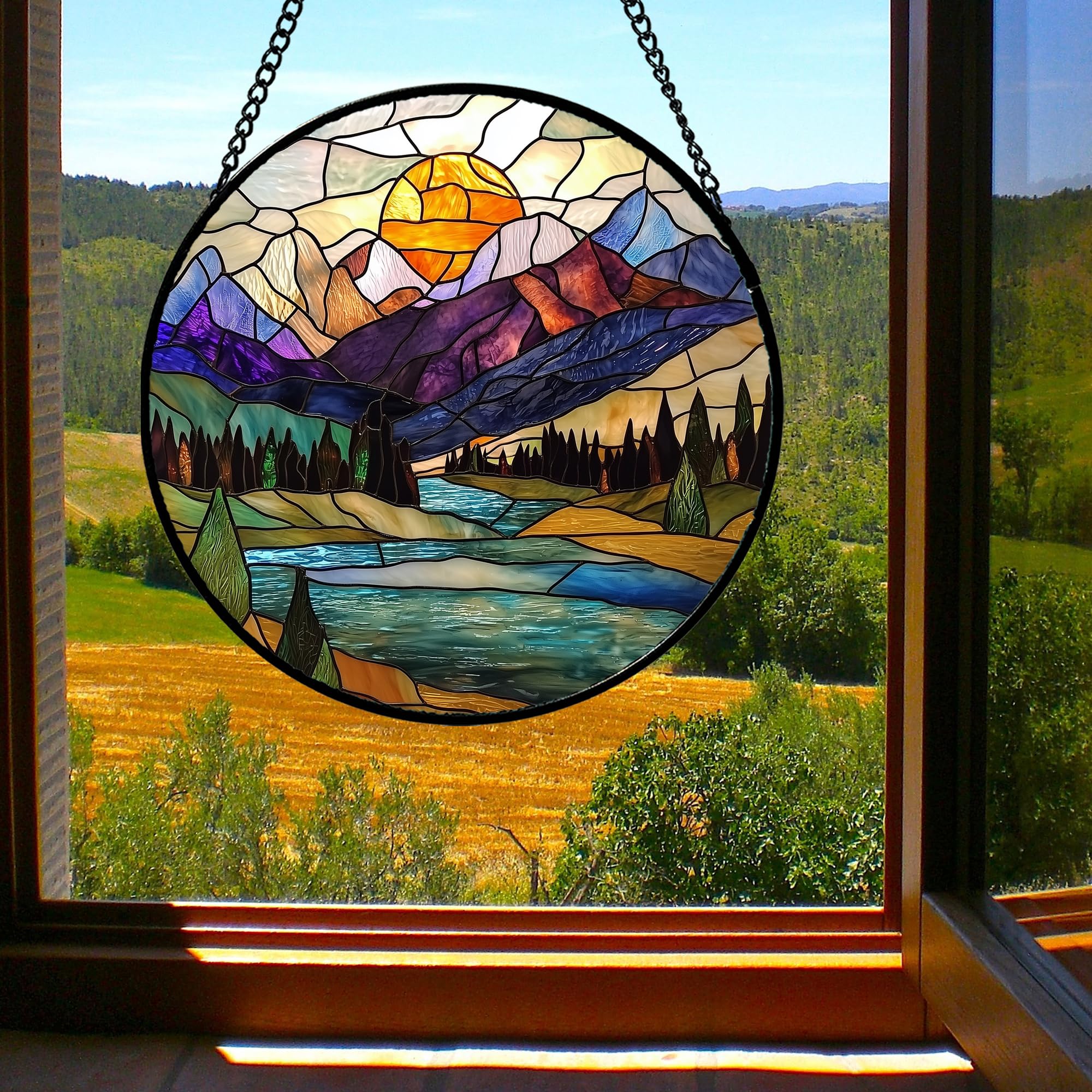 JOSUMALY stained glass suncatcher with sunlight filtering through