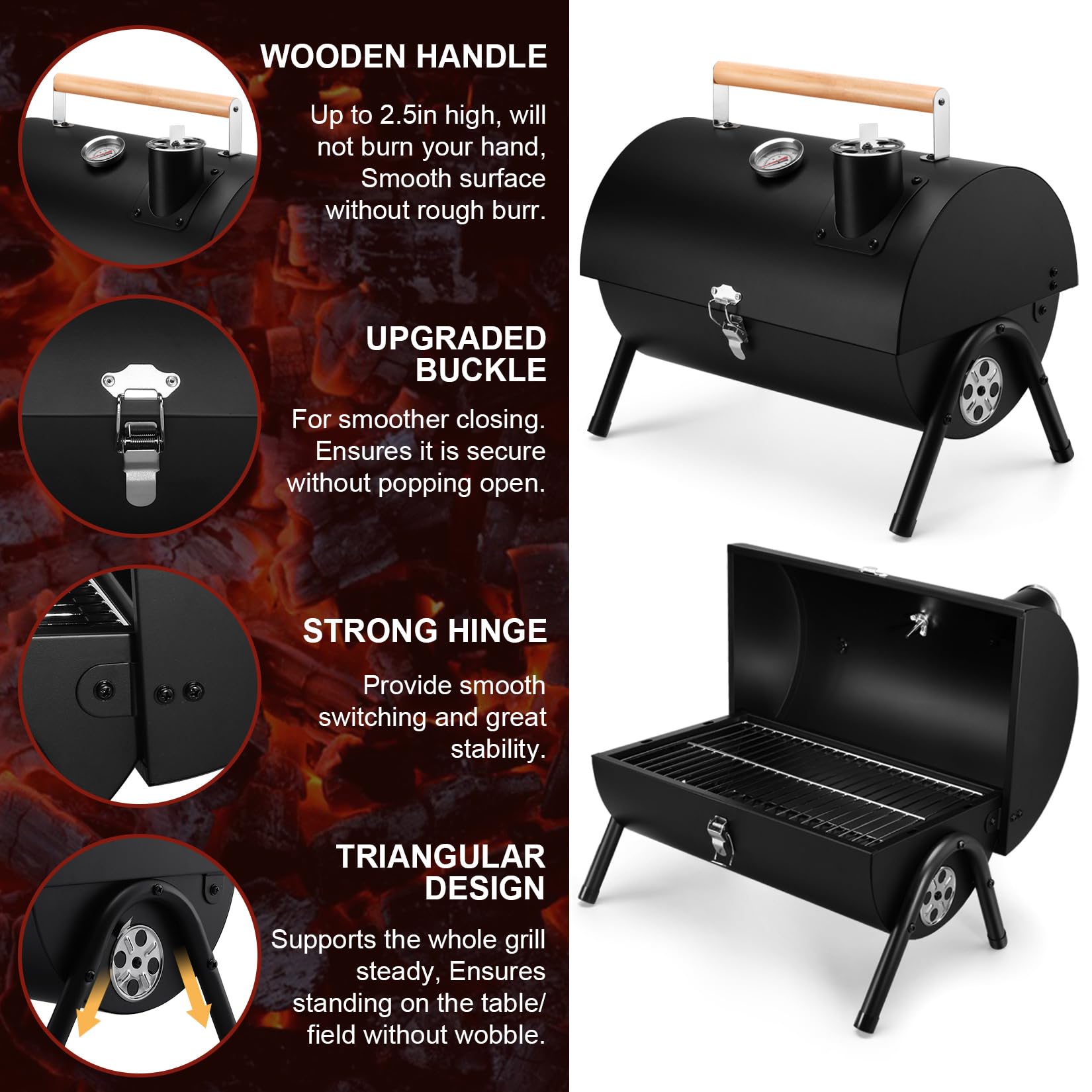 Joyfair Portable Charcoal Grill assembled with lid thermometer