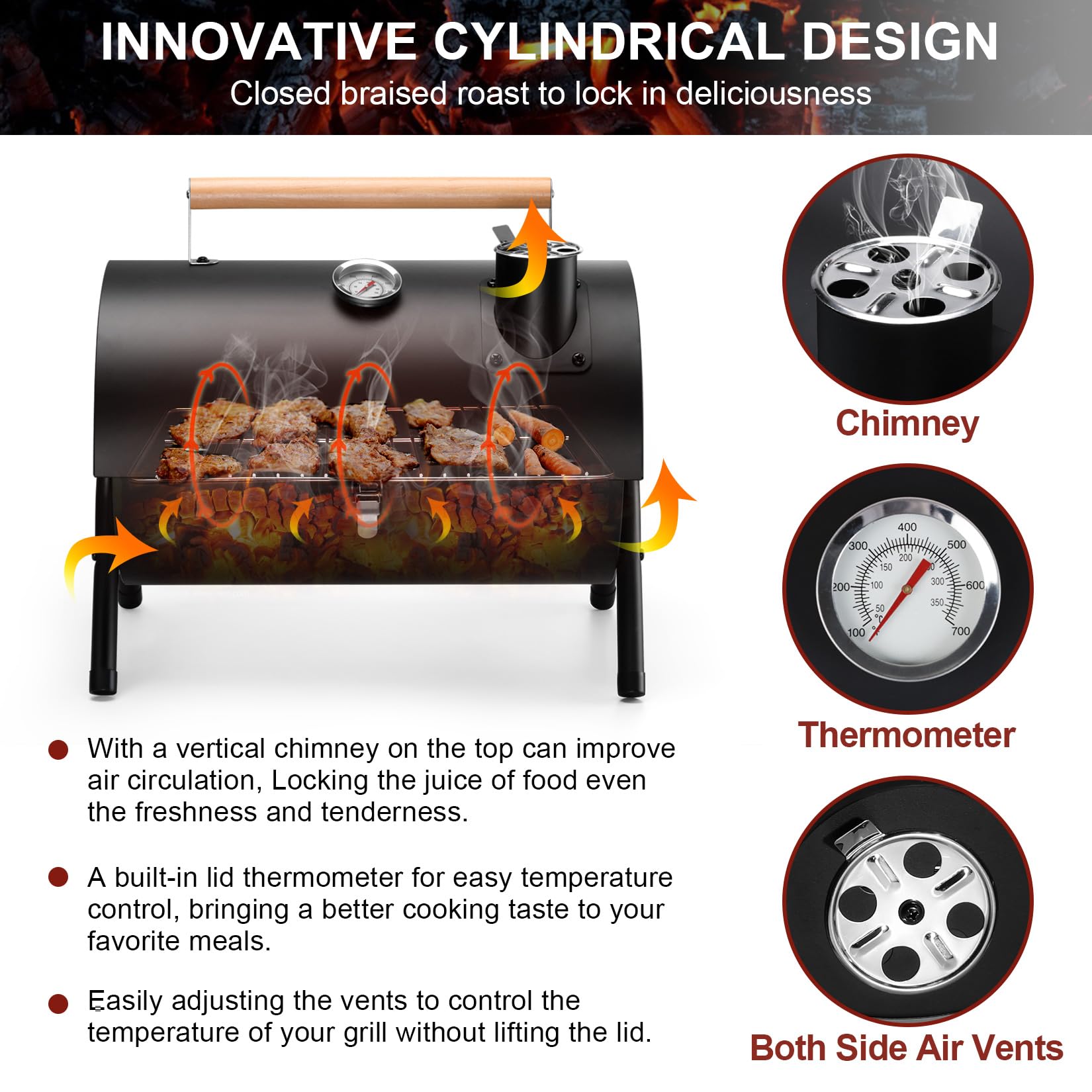 Joyfair Portable Charcoal Grill side view showing cooking area