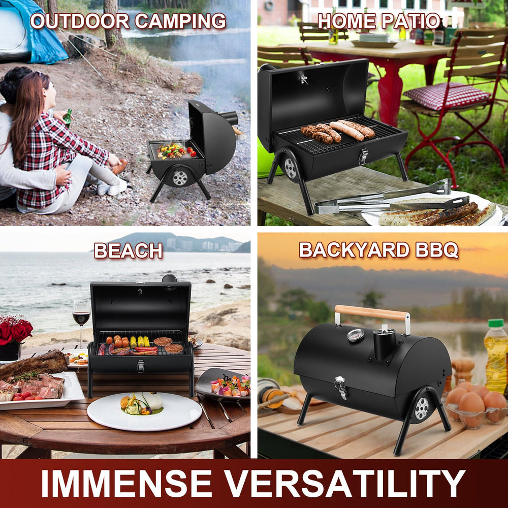 Joyfair Portable Charcoal Grill with cooked burgers on the rack